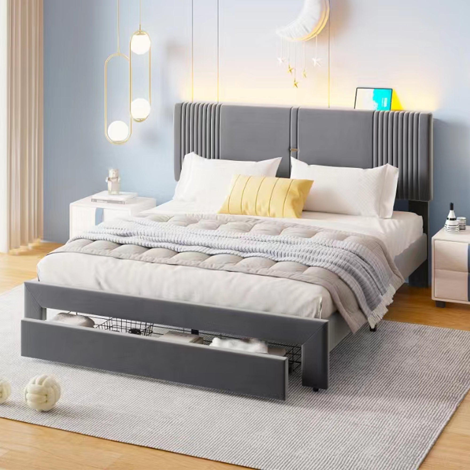 Logidon gestoffeerd bed 160x200 cm met lichtstrip en USB rugleuning grijs