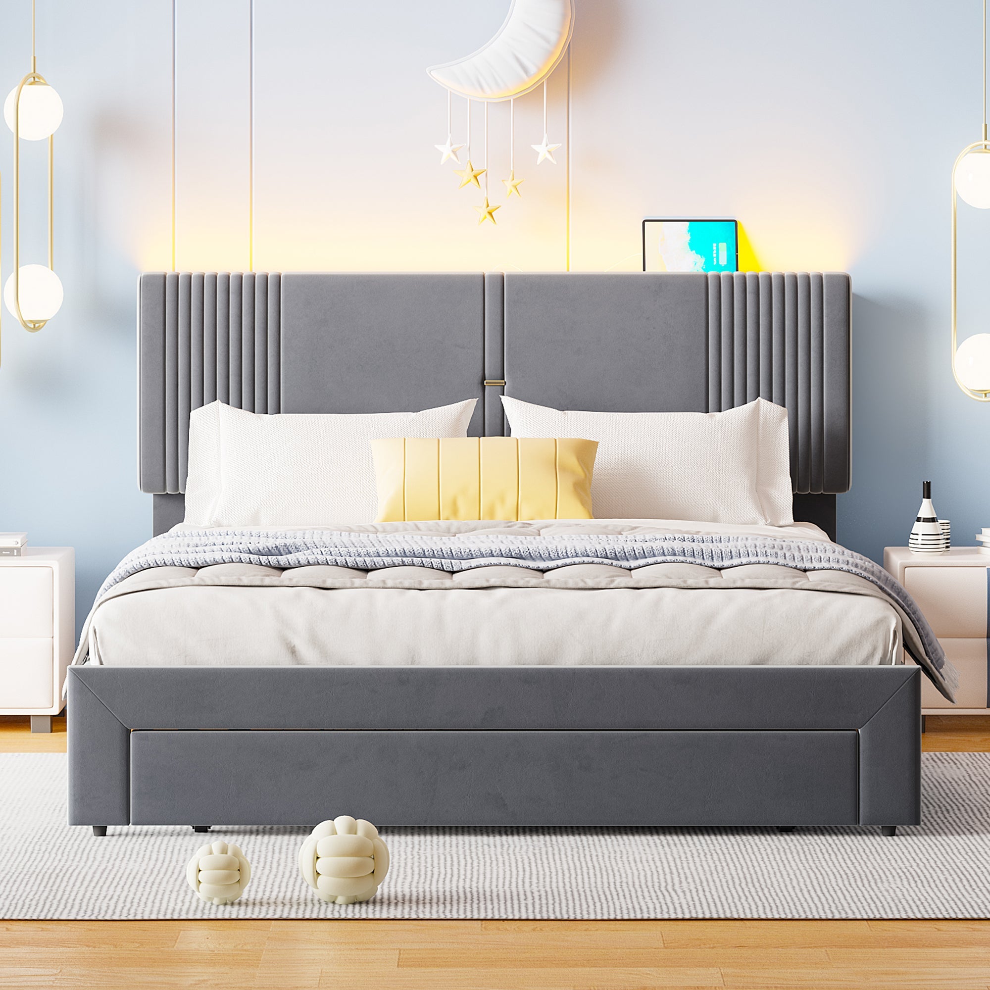 Logidon gestoffeerd bed 160x200 cm met lichtstrip en USB rugleuning grijs