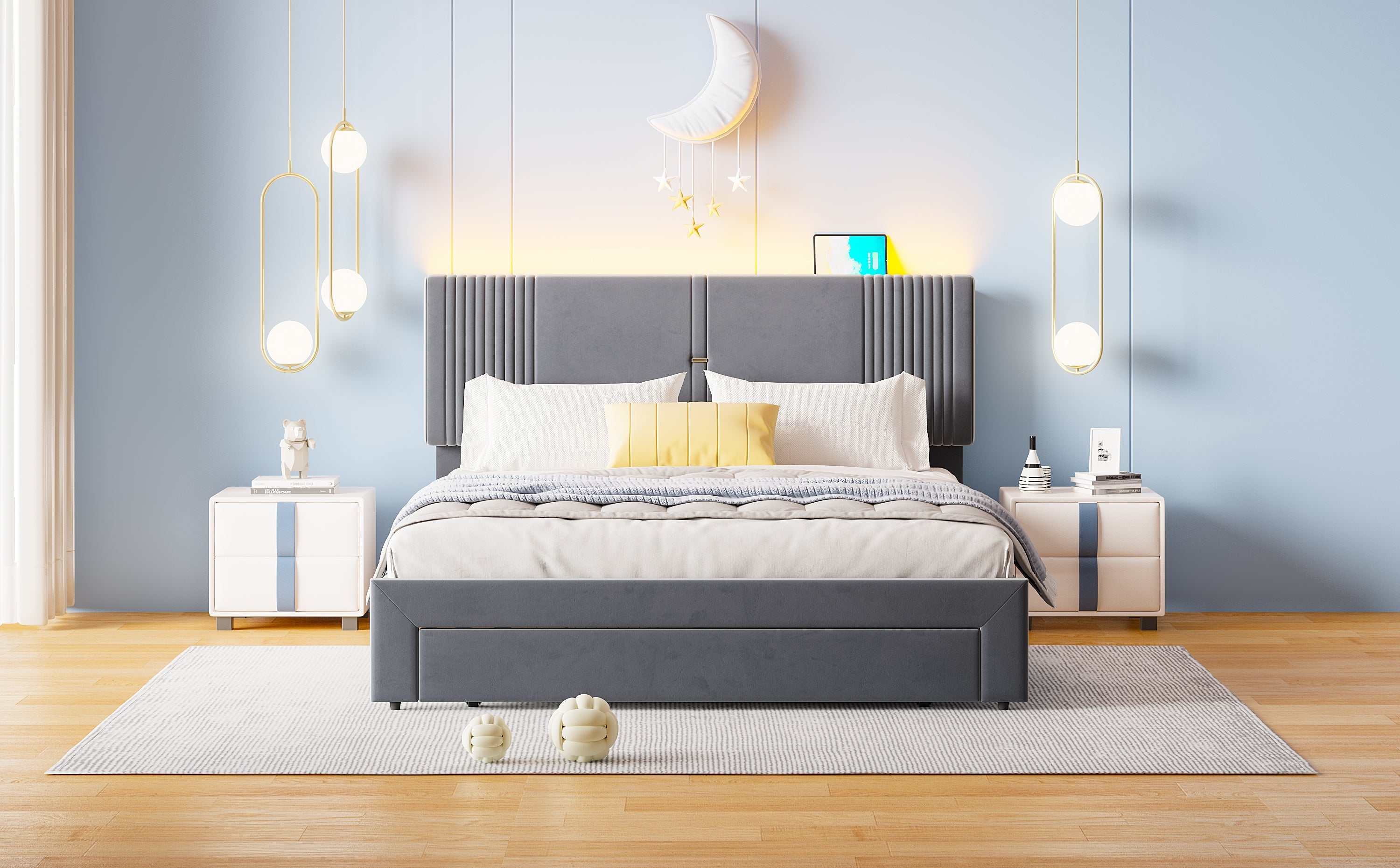 Logidon gestoffeerd bed 160x200 cm met lichtstrip en USB rugleuning grijs