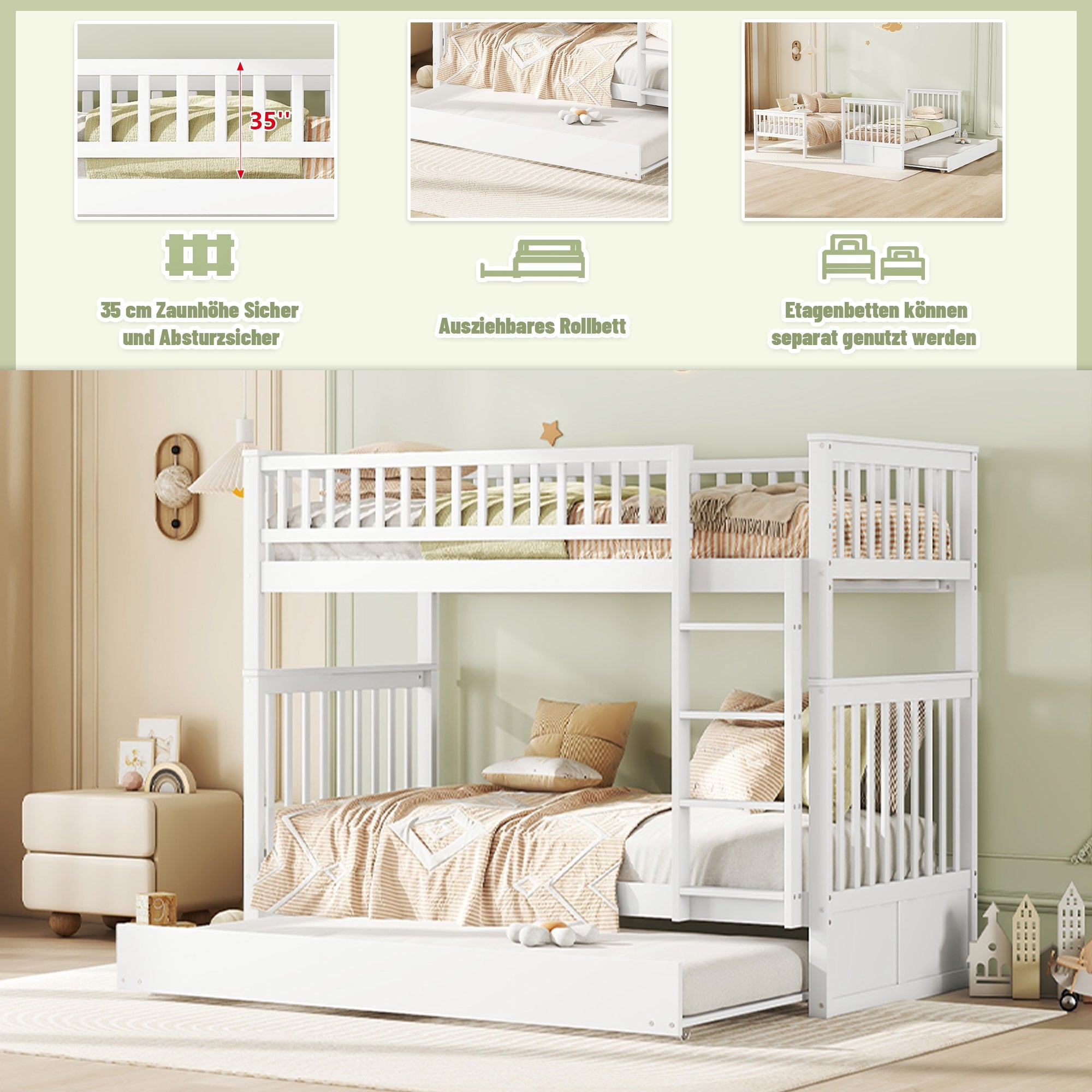 Logidon stapelbed driepersoonsbedden 90x200 cm wit met uitschuifbaar bed