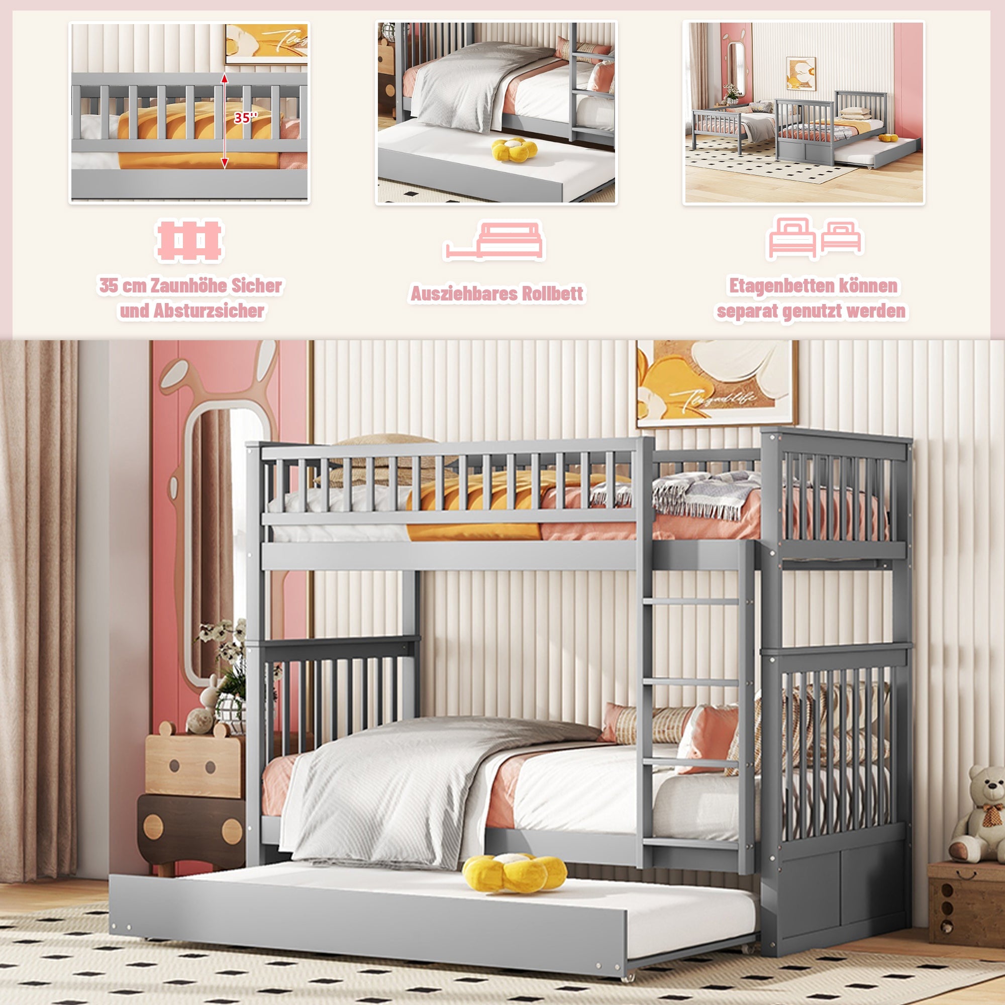 Logidon stapelbed 90x200cm grijs driepersoonsbed met uitschuifbaar bed en trap