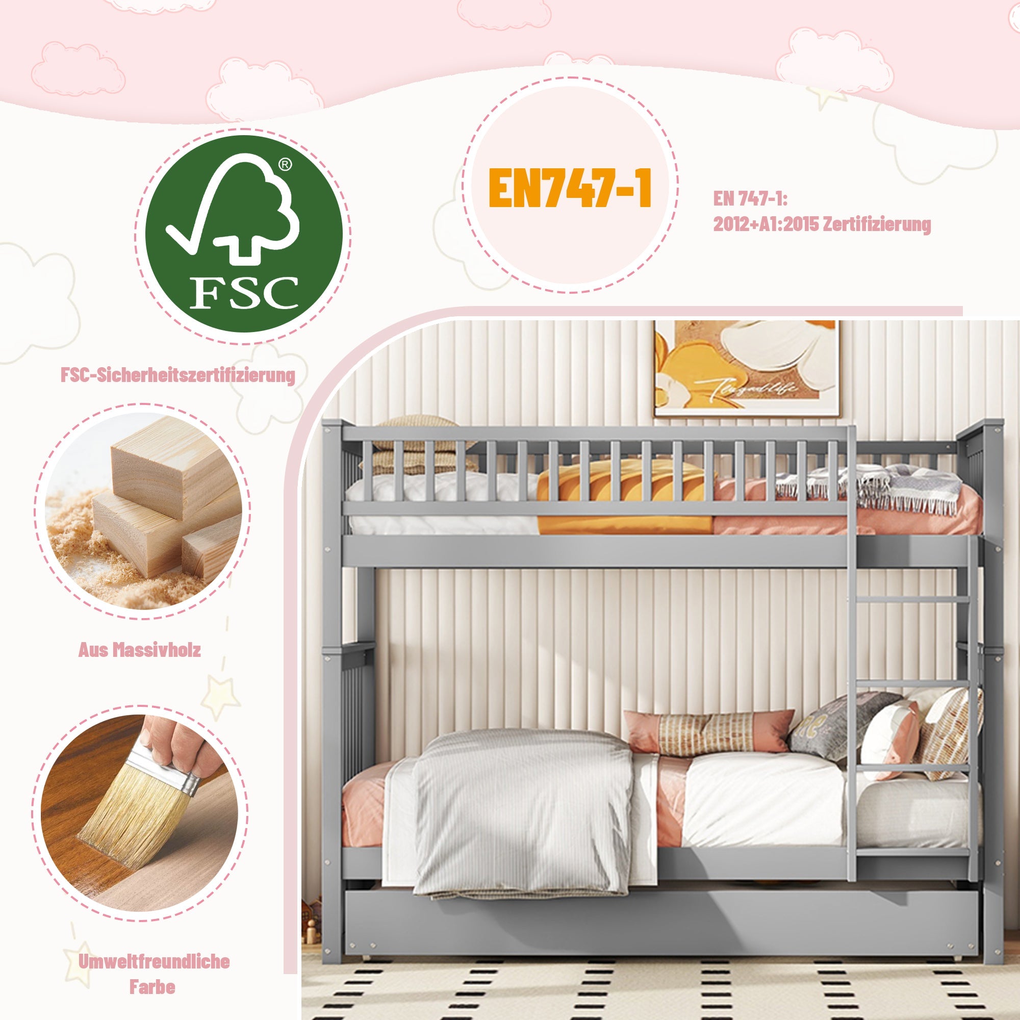 Logidon stapelbed 90x200cm grijs driepersoonsbed met uitschuifbaar bed en trap
