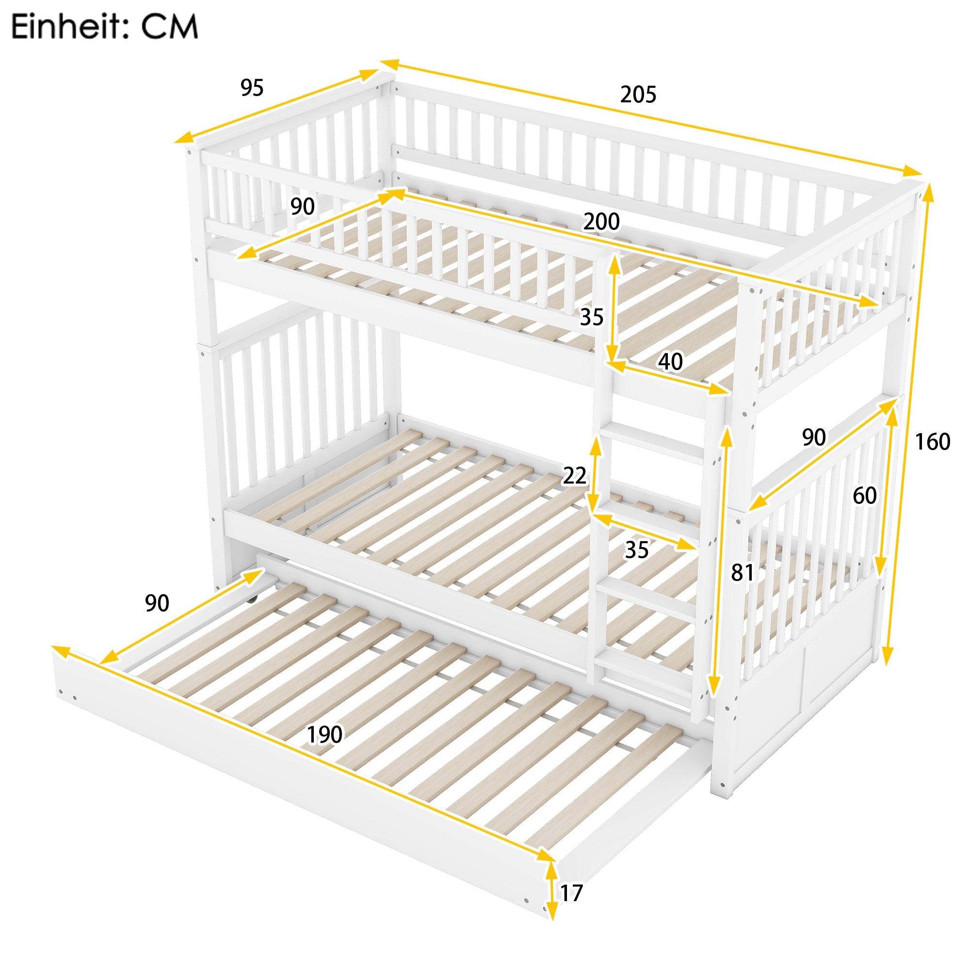 Logidon stapelbed driepersoonsbedden 90x200 cm wit met uitschuifbaar bed