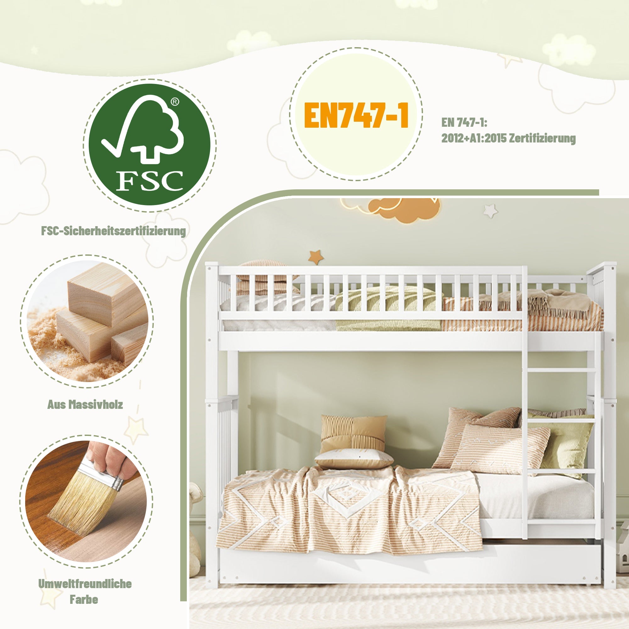 Logidon stapelbed driepersoonsbedden 90x200 cm wit met uitschuifbaar bed