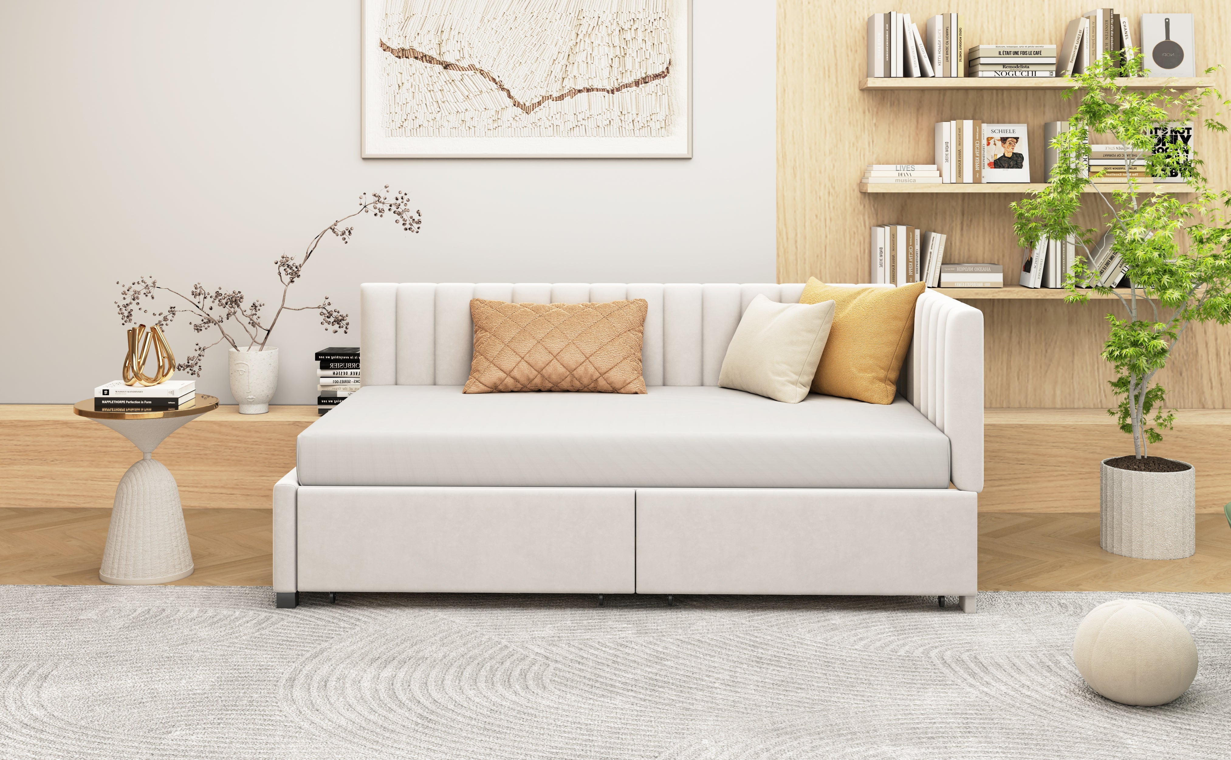 Logidon gestoffeerde slaapbank 90x200 beige met opberglades