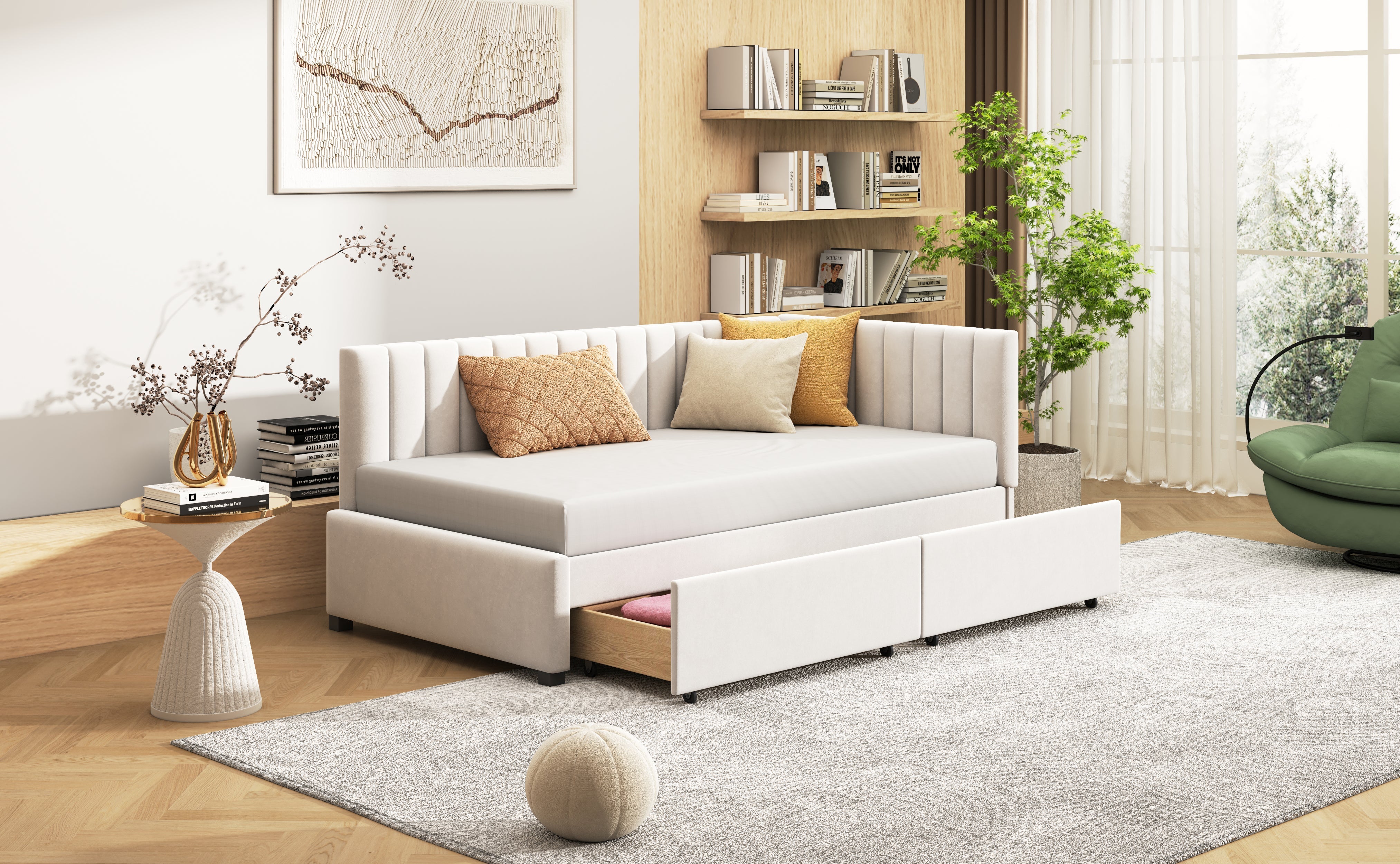 Logidon gestoffeerde slaapbank 90x200 beige met opberglades