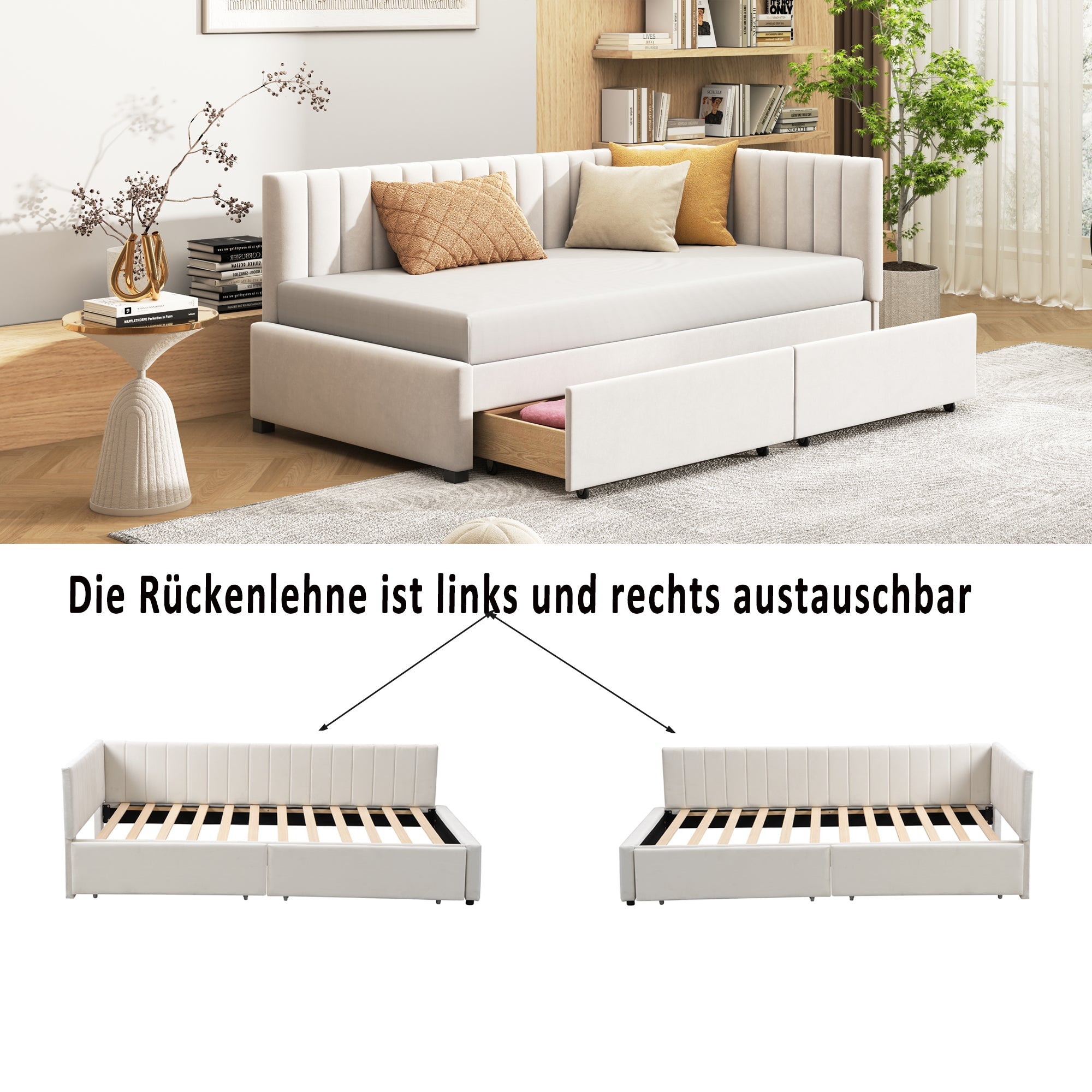 Logidon gestoffeerde slaapbank 90x200 beige met opberglades