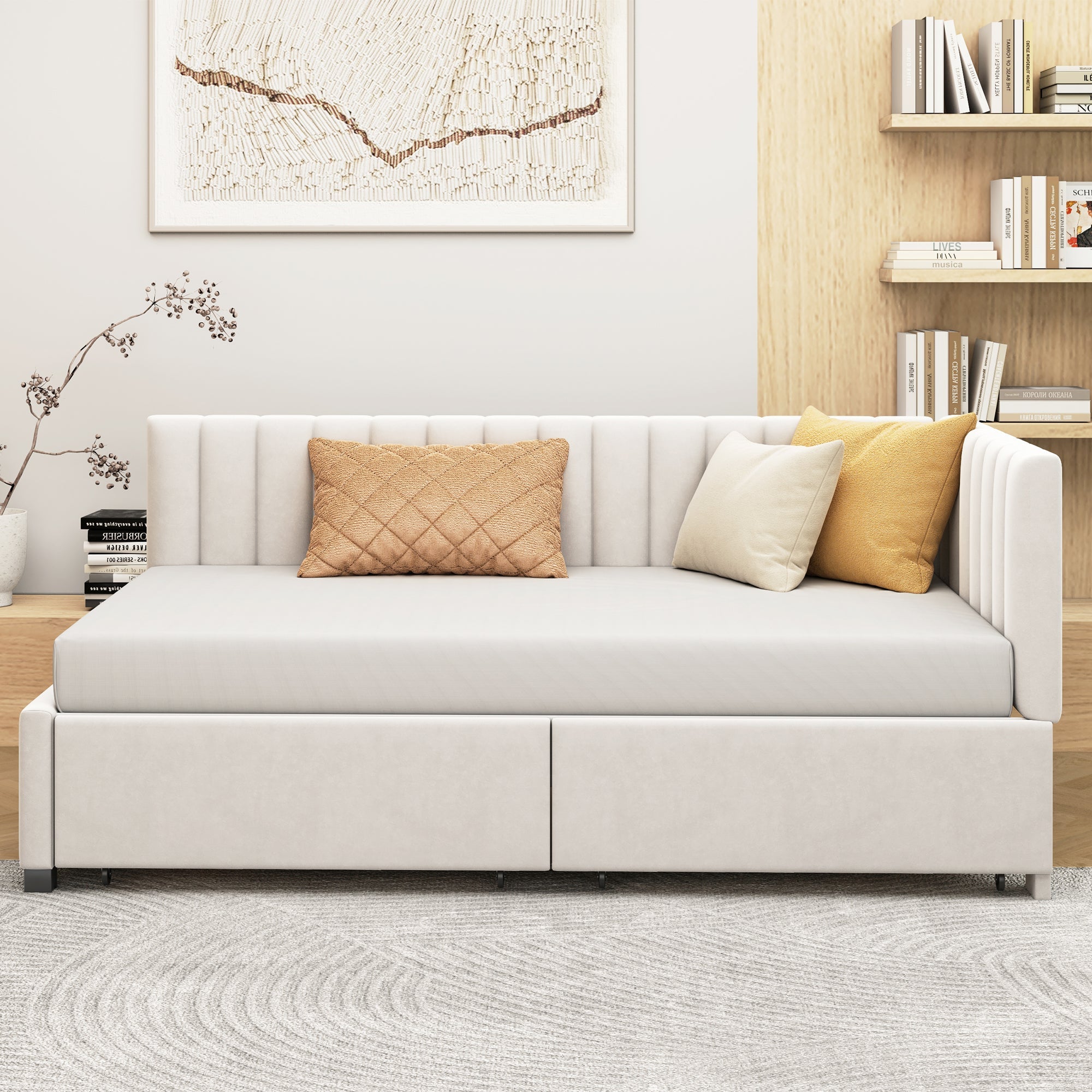 Logidon gestoffeerde slaapbank 90x200 beige met opberglades