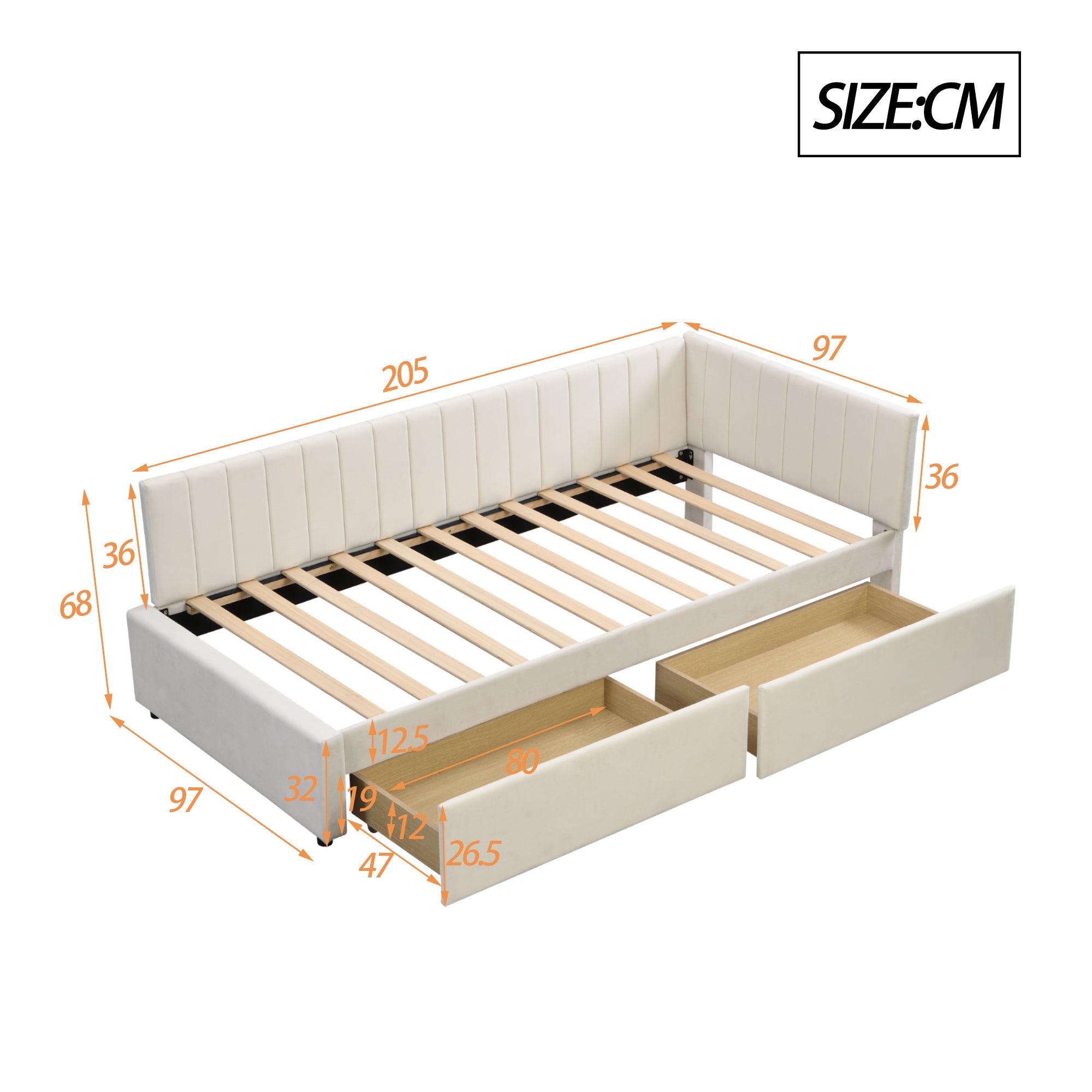 Logidon gestoffeerde slaapbank 90x200 beige met opberglades