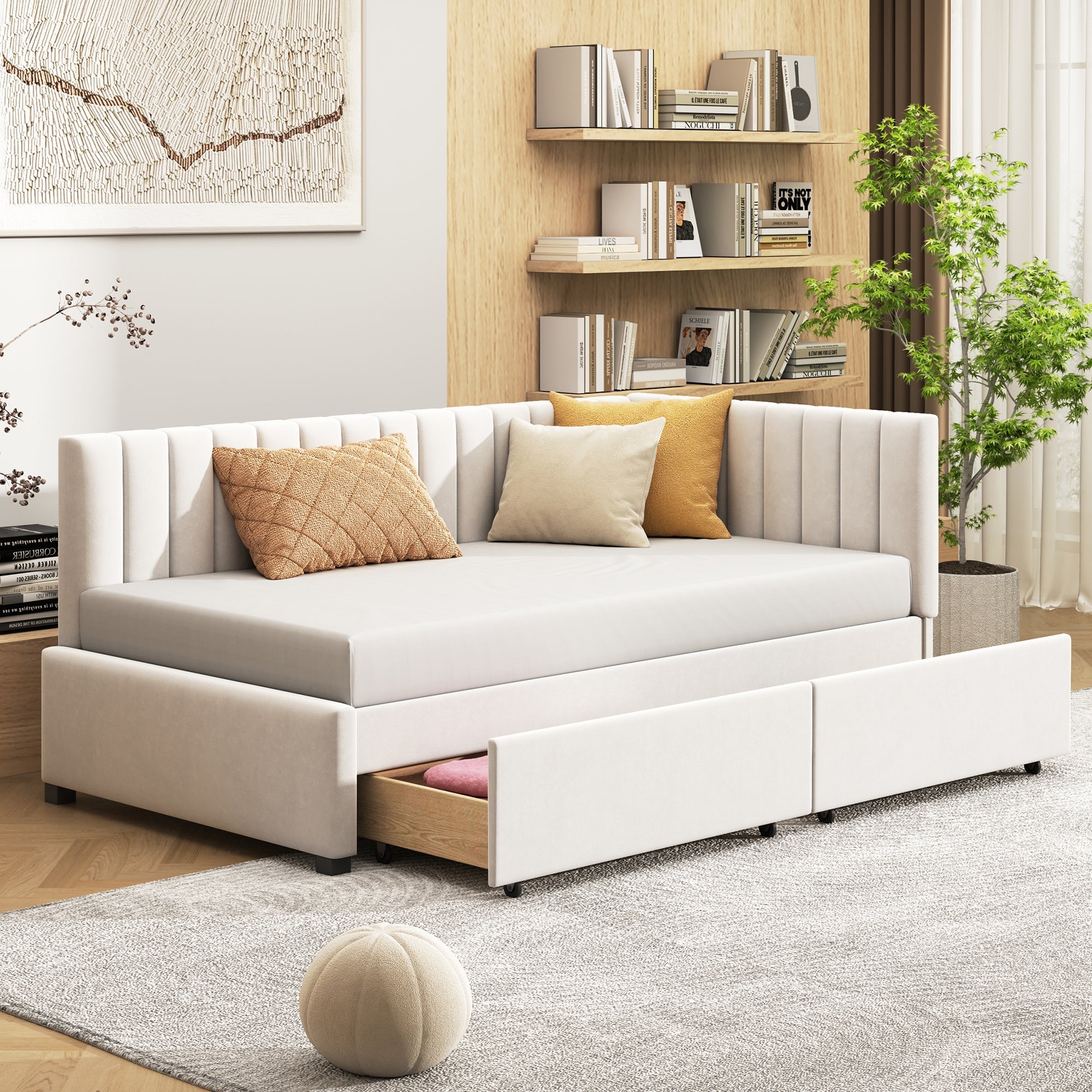 Logidon gestoffeerde slaapbank 90x200 beige met opberglades