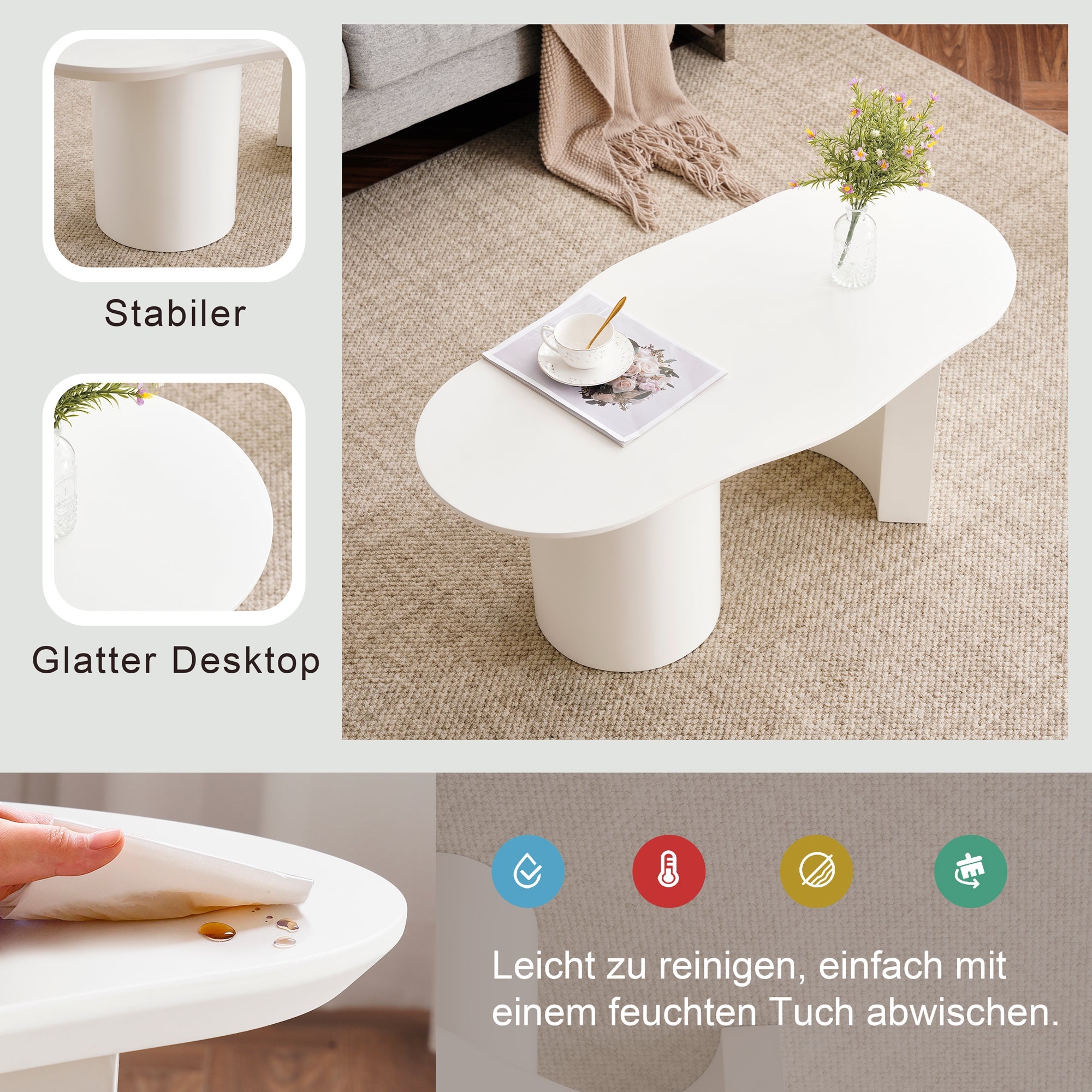 Logidon White Irregular Coffee Table 100 cm MDF Lacquered Surface