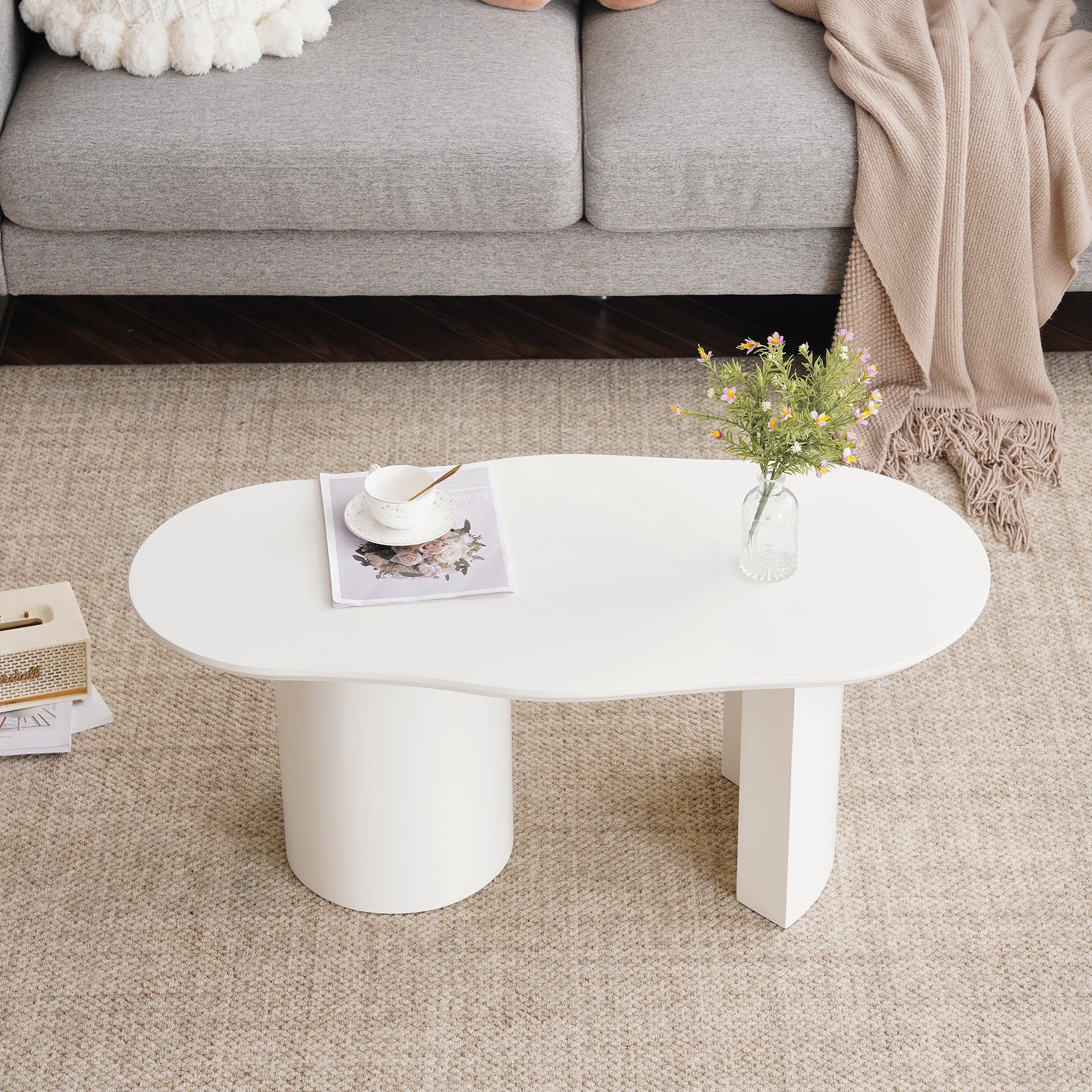 Logidon White Irregular Coffee Table 100 cm MDF Lacquered Surface