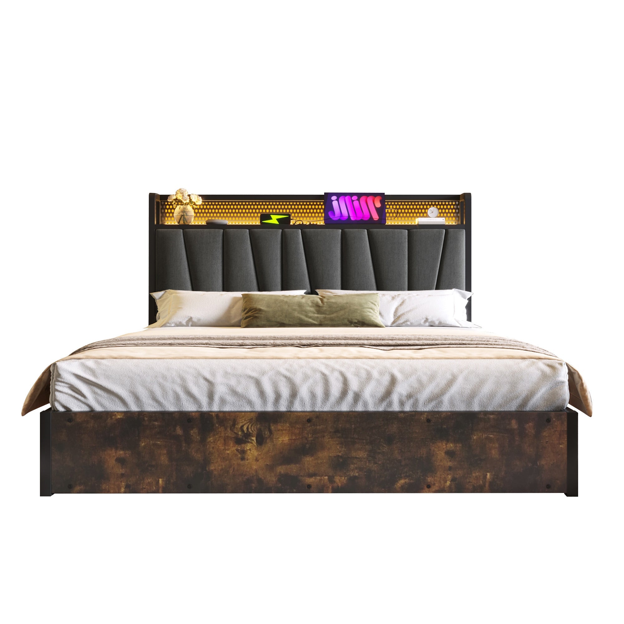 Logidon gestoffeerd bed metalen bed LED app bediening 140x200 cm grijs