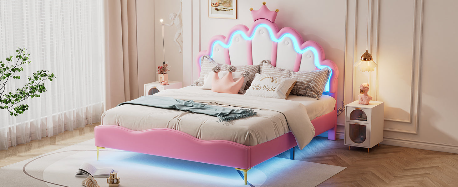Logidon Princess bed 140x200 roze kroon hoofdeinde LED-verlichting