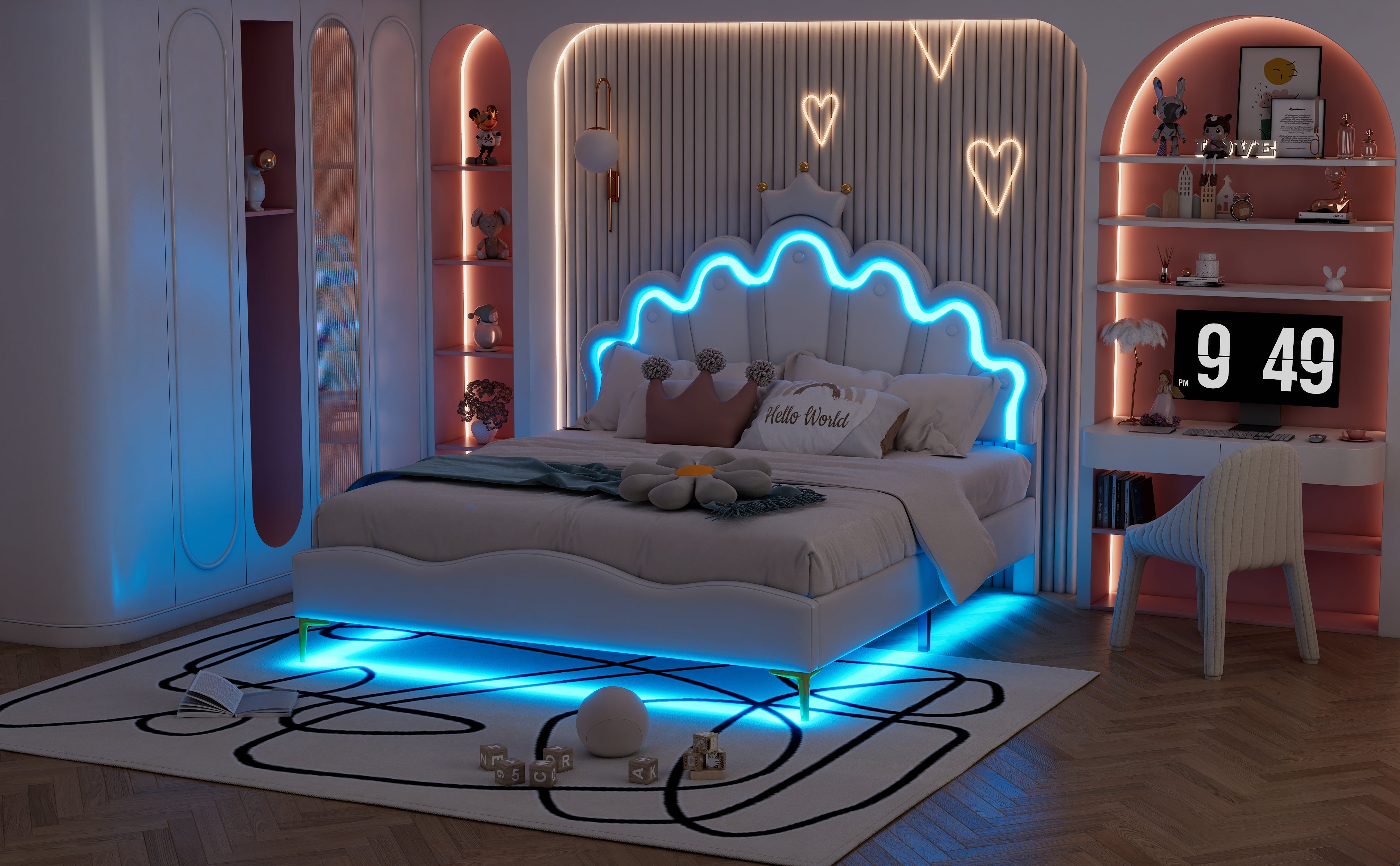 Logidon Kroonbed Prinsessenbed 140x200 cm Witte LED-lichtstrips