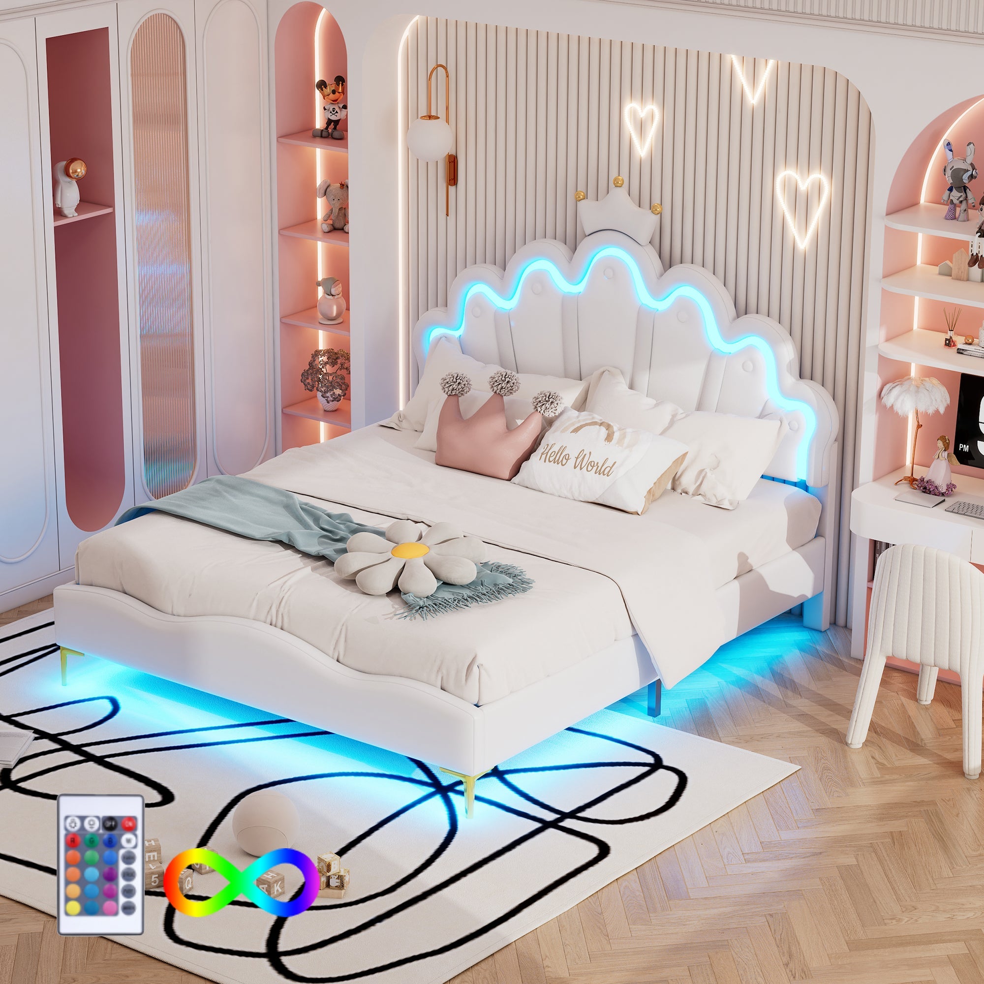 Logidon Kroonbed Prinsessenbed 140x200 cm Witte LED-lichtstrips