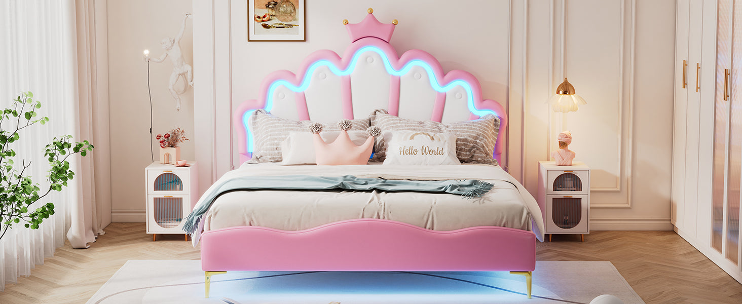 Logidon Princess bed 140x200 roze kroon hoofdeinde LED-verlichting