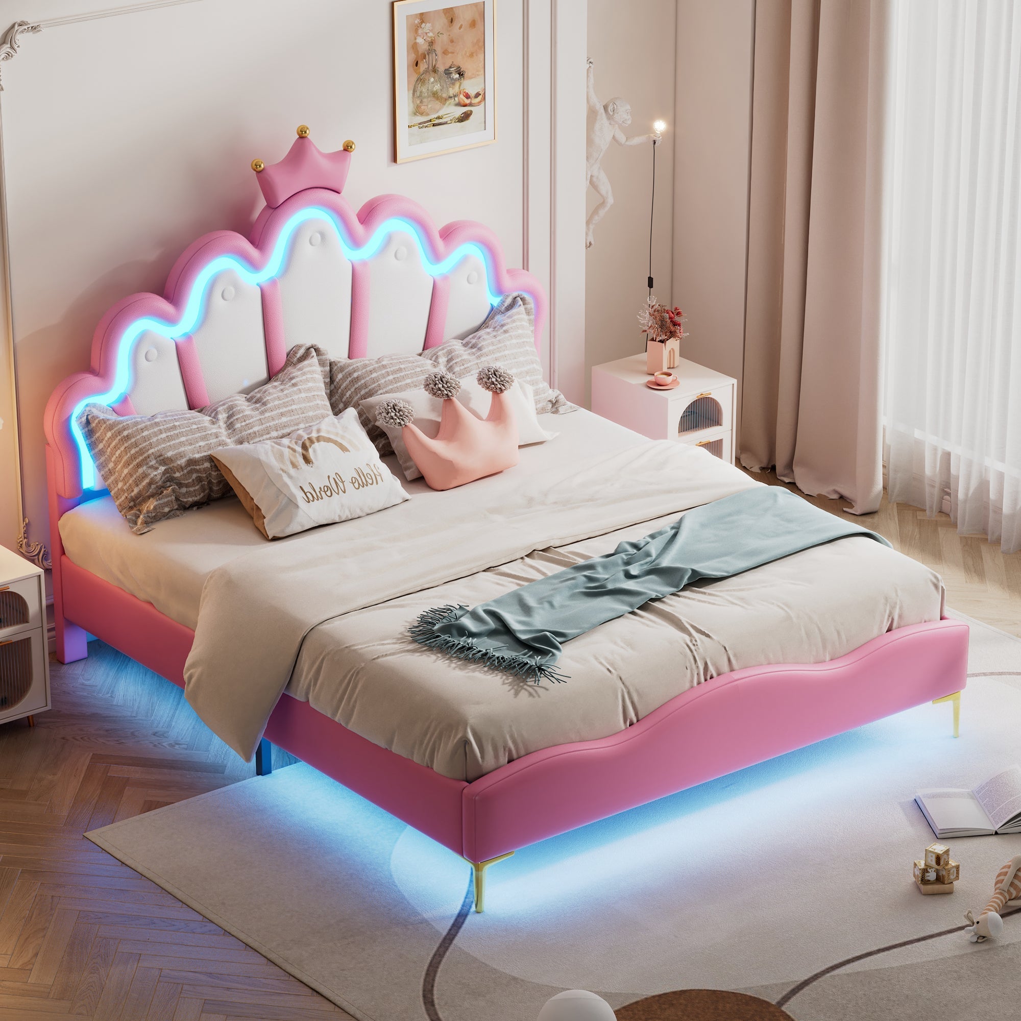 Logidon Princess bed 140x200 roze kroon hoofdeinde LED-verlichting