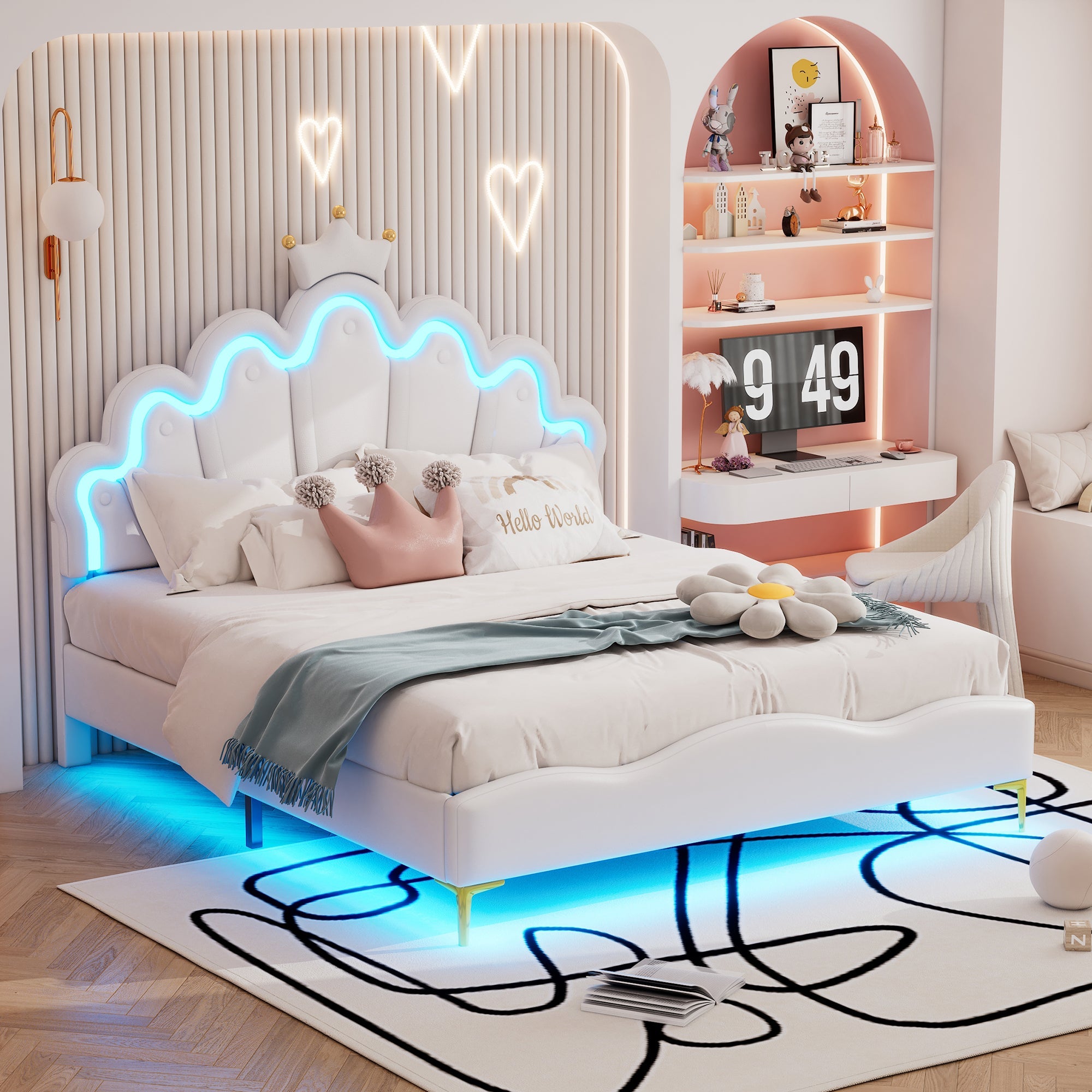 Logidon Kroonbed Prinsessenbed 140x200 cm Witte LED-lichtstrips