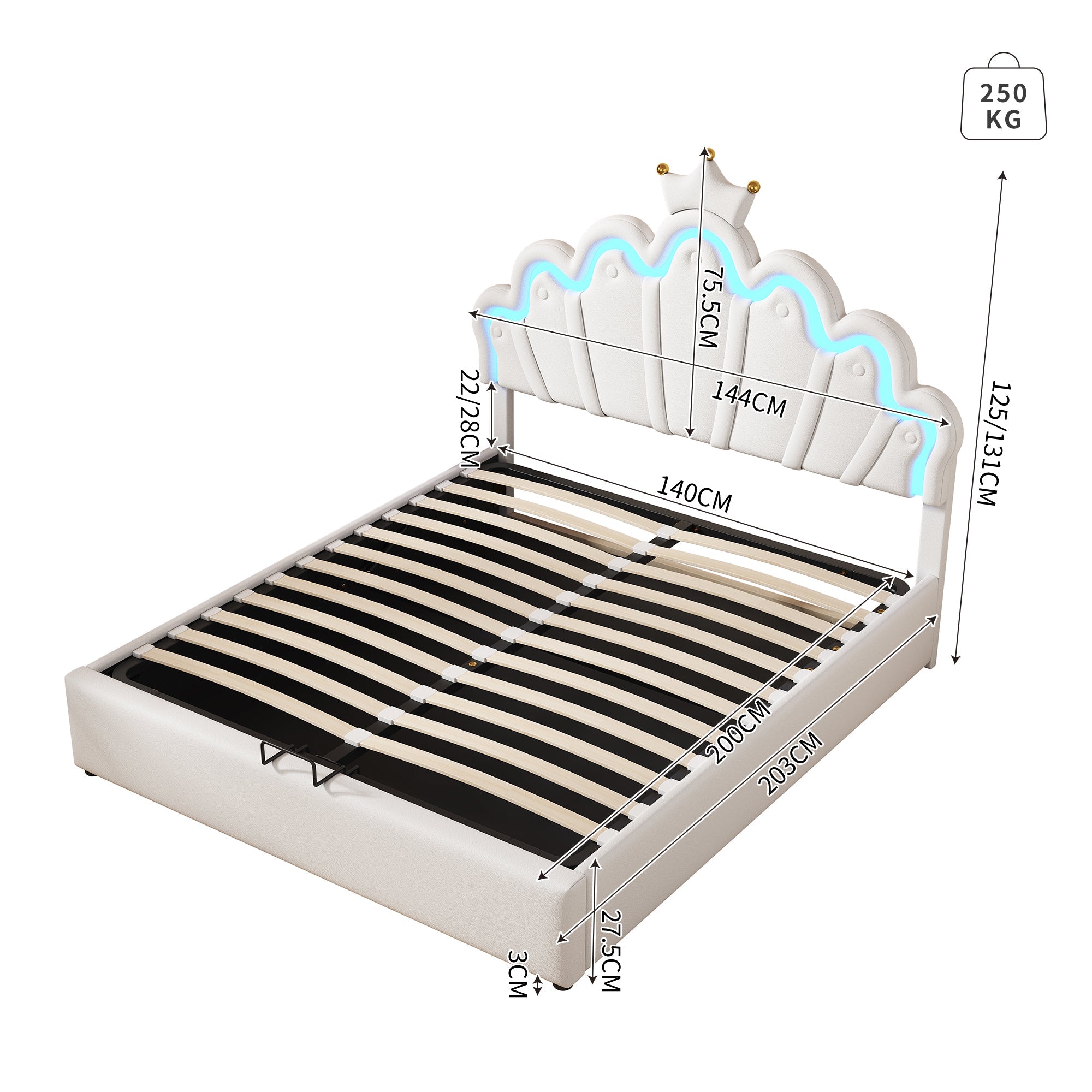 Logidon Princess bed 140x200 wit met kroonlijstverlichting