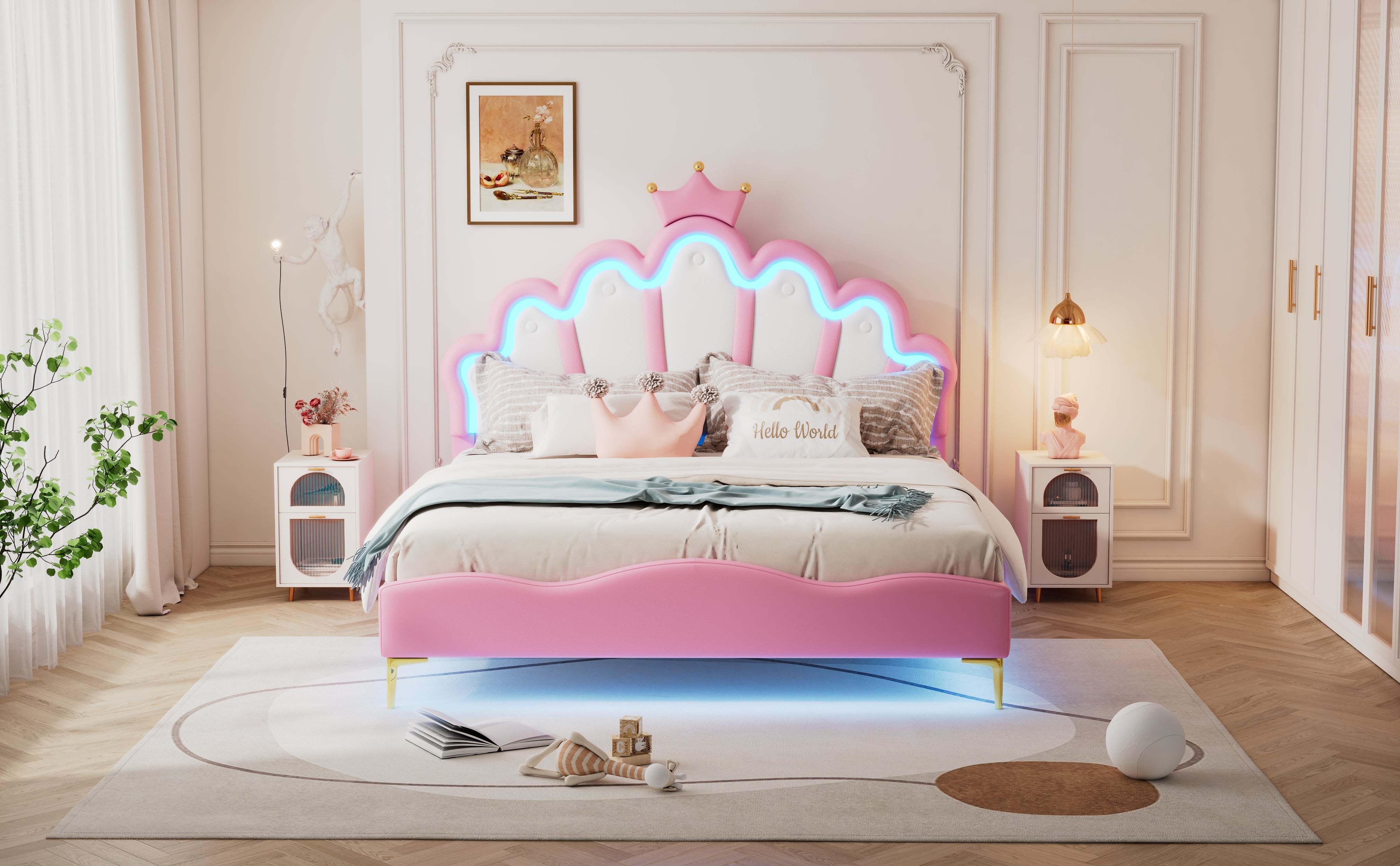 Logidon Princess bed 140x200 roze kroon hoofdeinde LED-verlichting