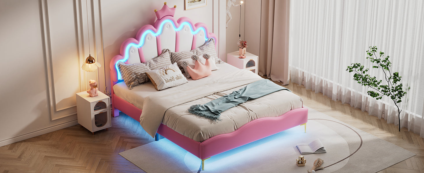 Logidon Princess bed 140x200 roze kroon hoofdeinde LED-verlichting
