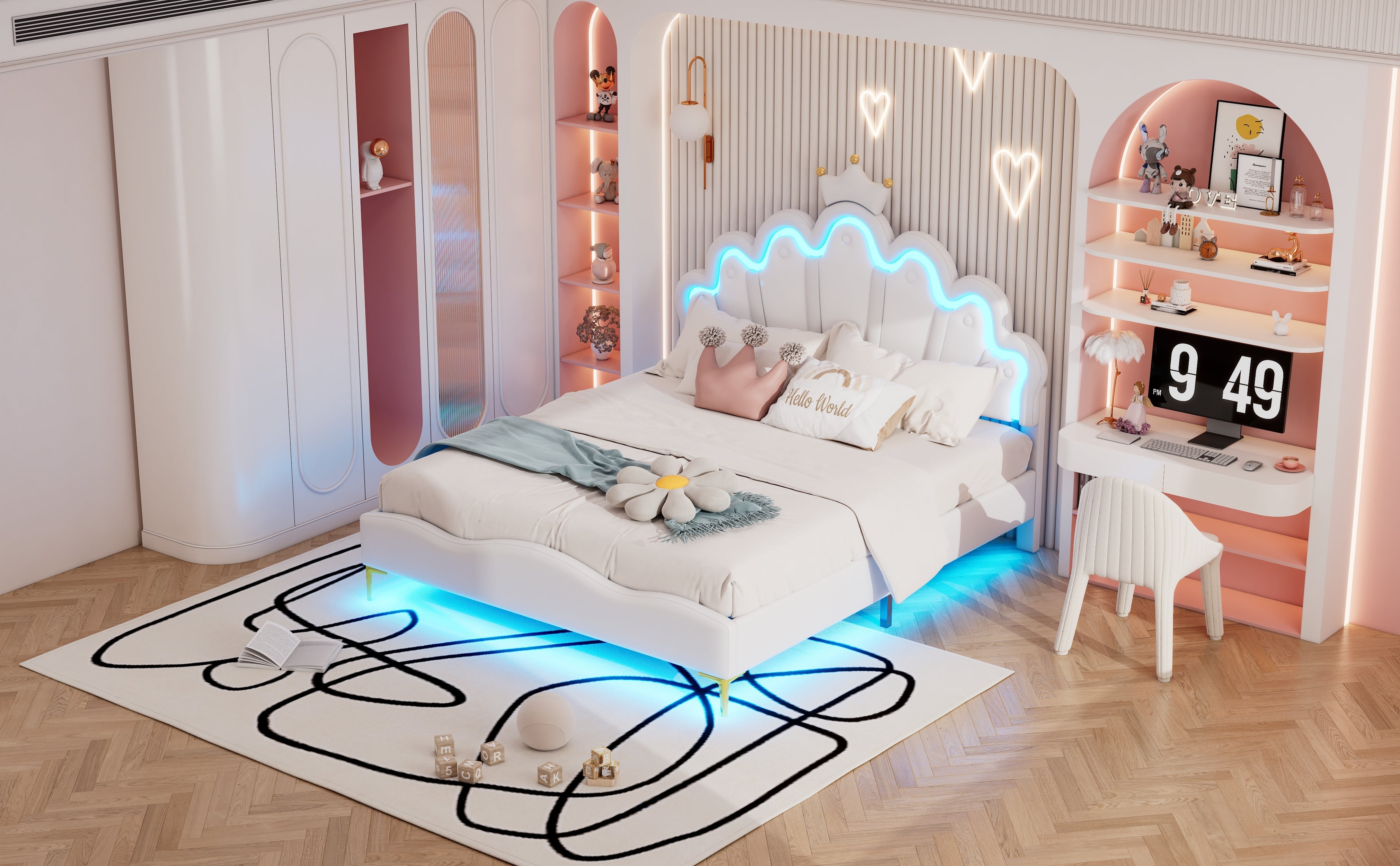 Logidon Kroonbed Prinsessenbed 140x200 cm Witte LED-lichtstrips