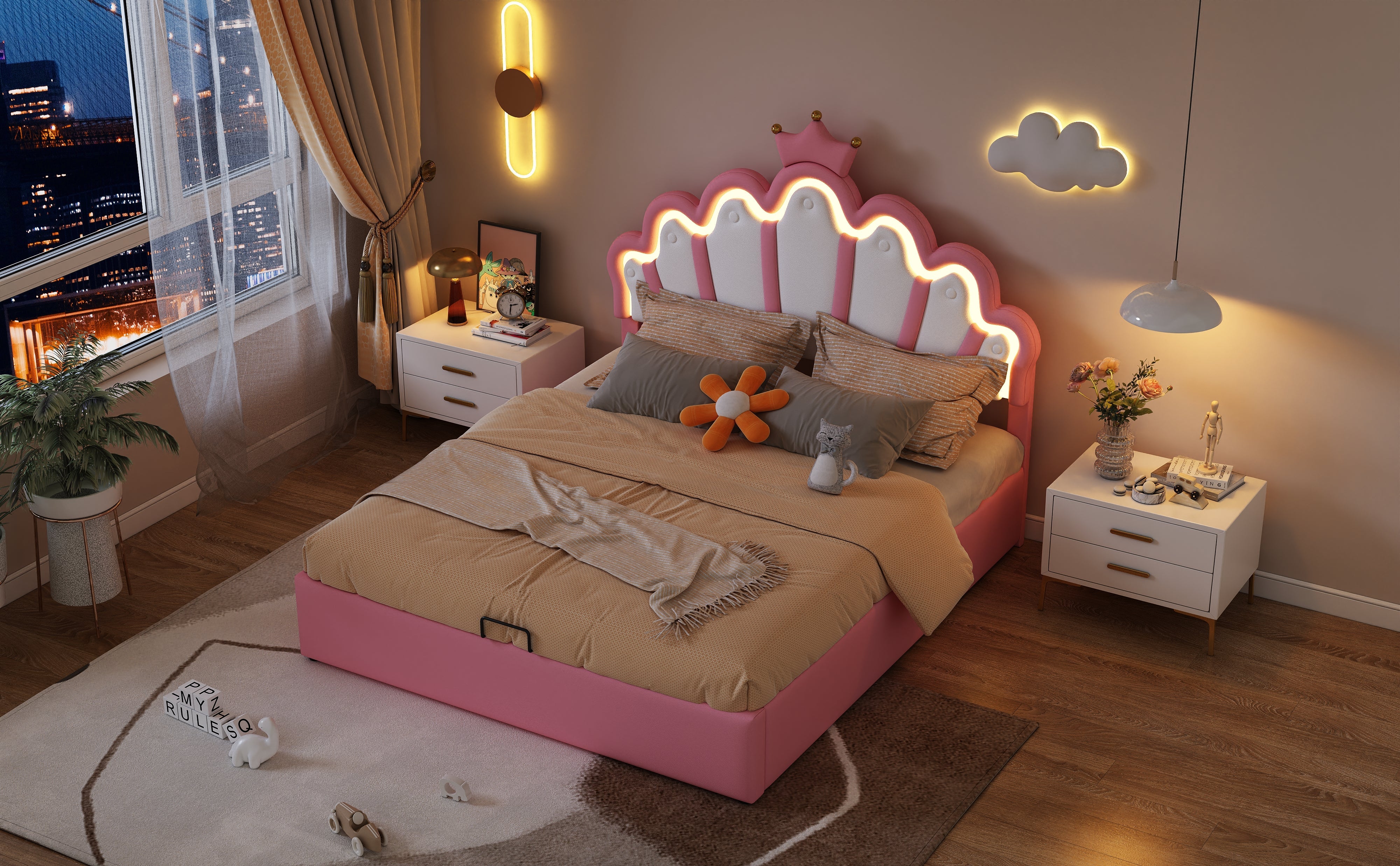 Logidon prinsessenbed 140x200 cm roze met verstelbare LED-verlichting