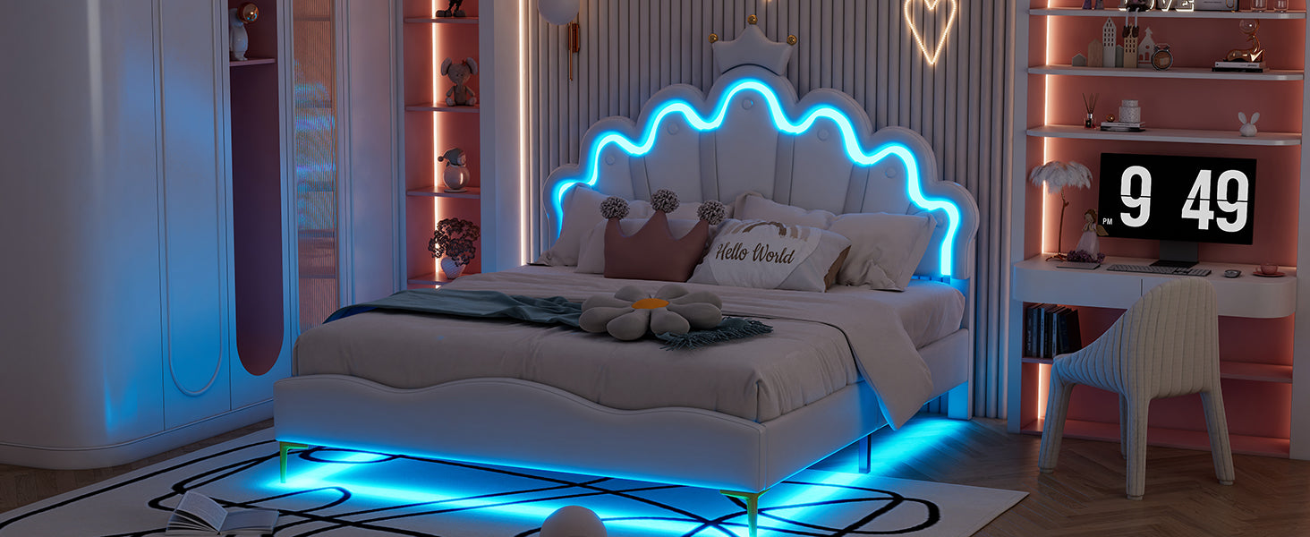 Logidon Kroonbed Prinsessenbed 140x200 cm Witte LED-lichtstrips