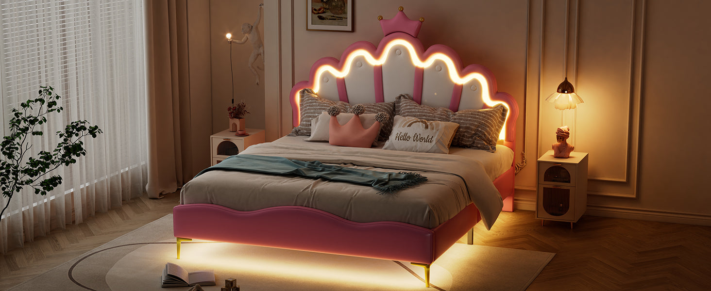 Logidon Princess bed 140x200 roze kroon hoofdeinde LED-verlichting