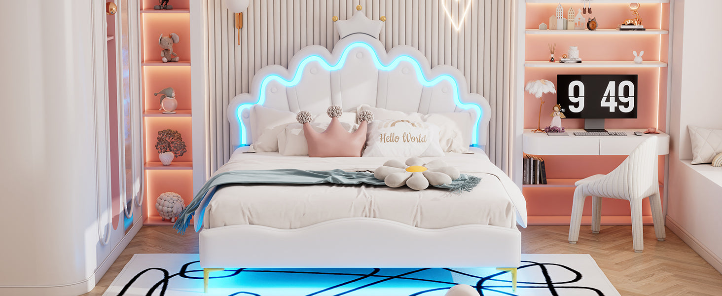 Logidon Kroonbed Prinsessenbed 140x200 cm Witte LED-lichtstrips