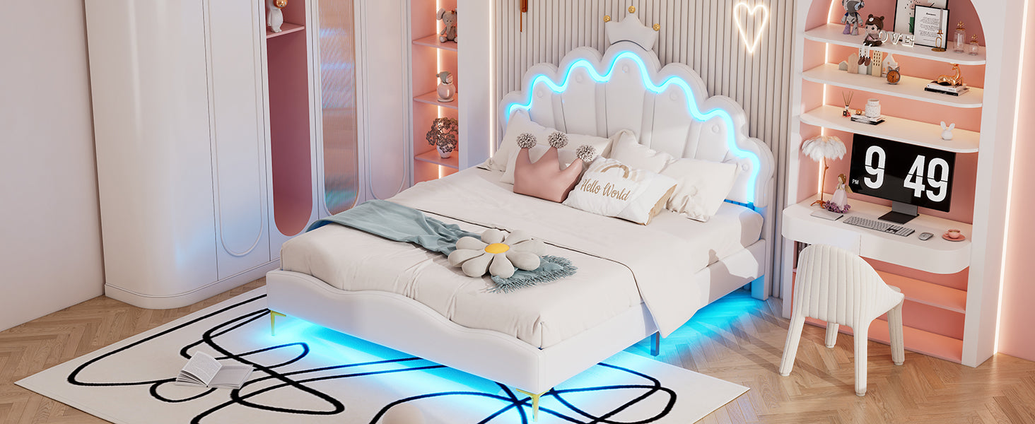 Logidon Kroonbed Prinsessenbed 140x200 cm Witte LED-lichtstrips