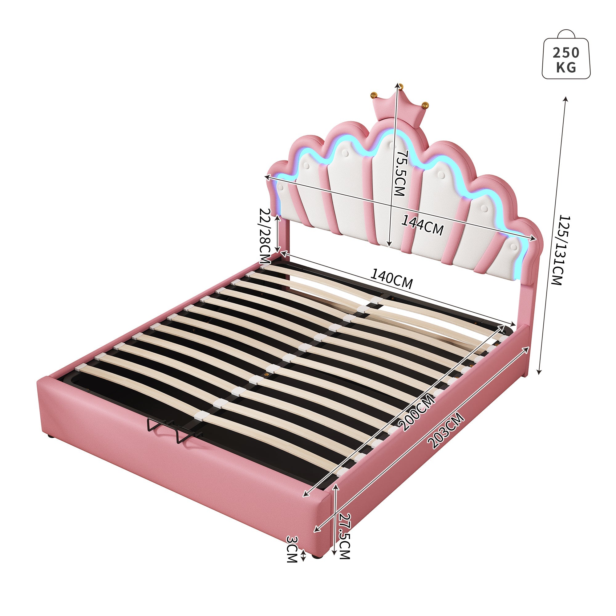 Logidon prinsessenbed 140x200 cm roze met verstelbare LED-verlichting
