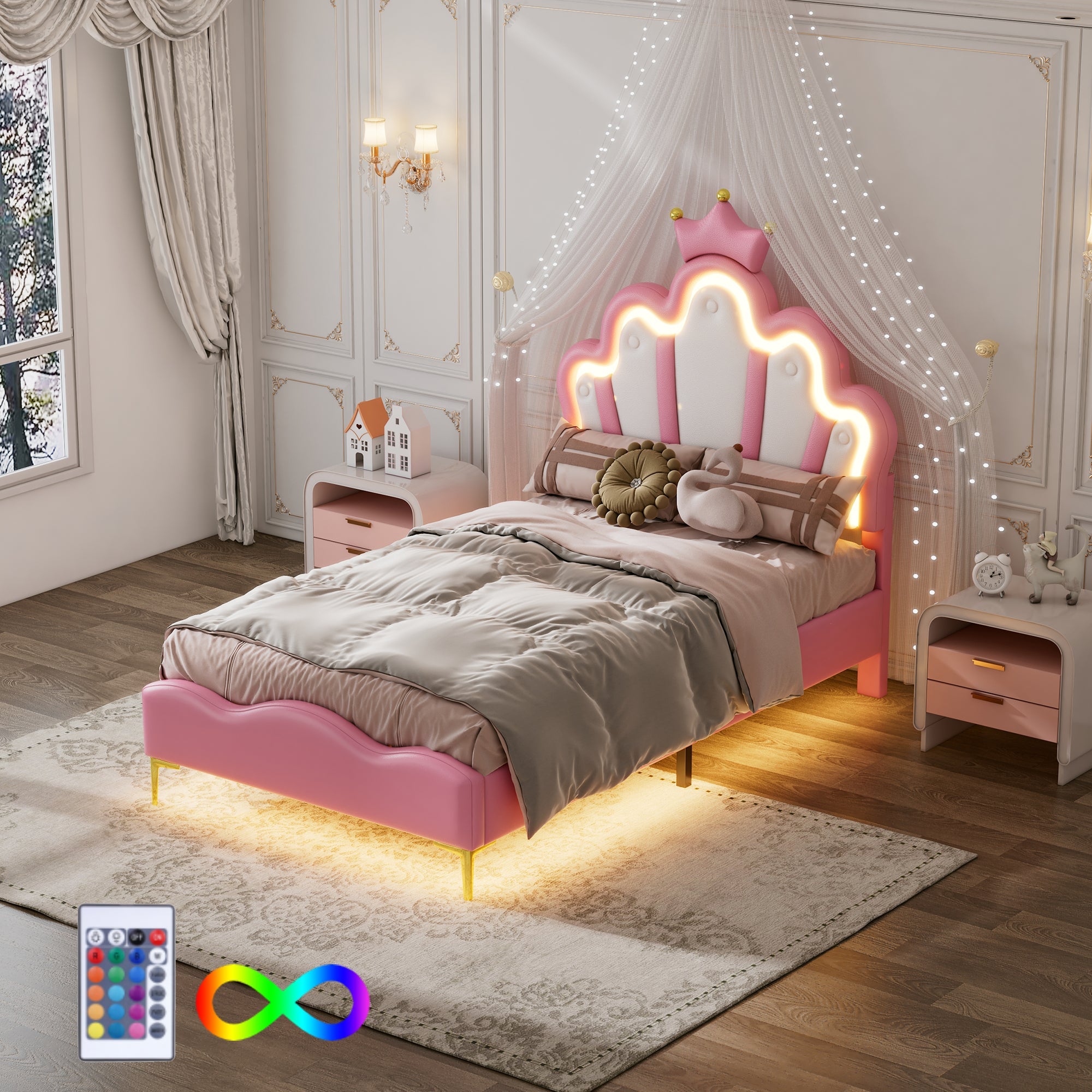 Logidon Crown Prince Bed 90x200 cm Roze met LED-lichtstrips
