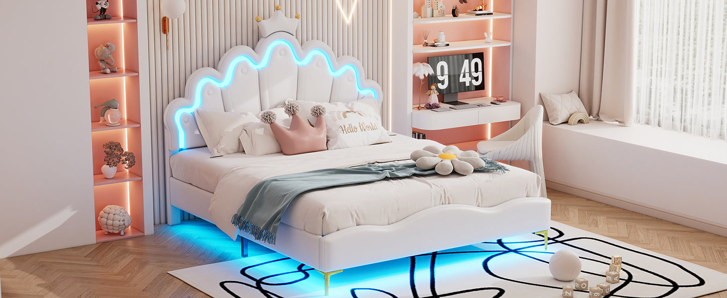 Logidon Kroonbed Prinsessenbed 140x200 cm Witte LED-lichtstrips