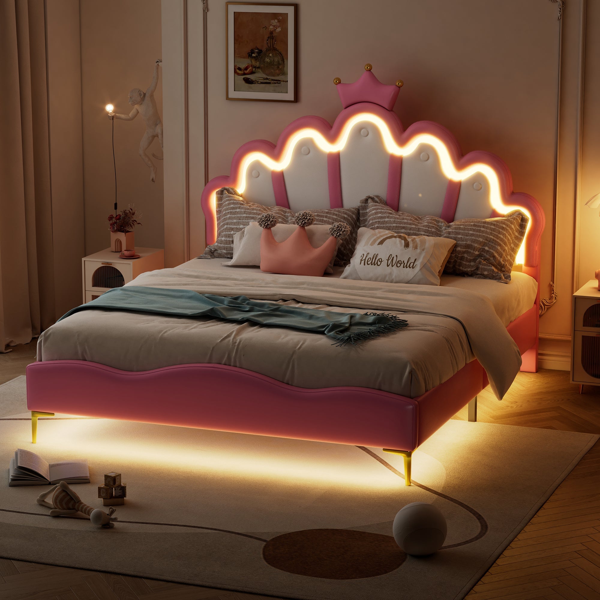 Logidon Princess bed 140x200 roze kroon hoofdeinde LED-verlichting