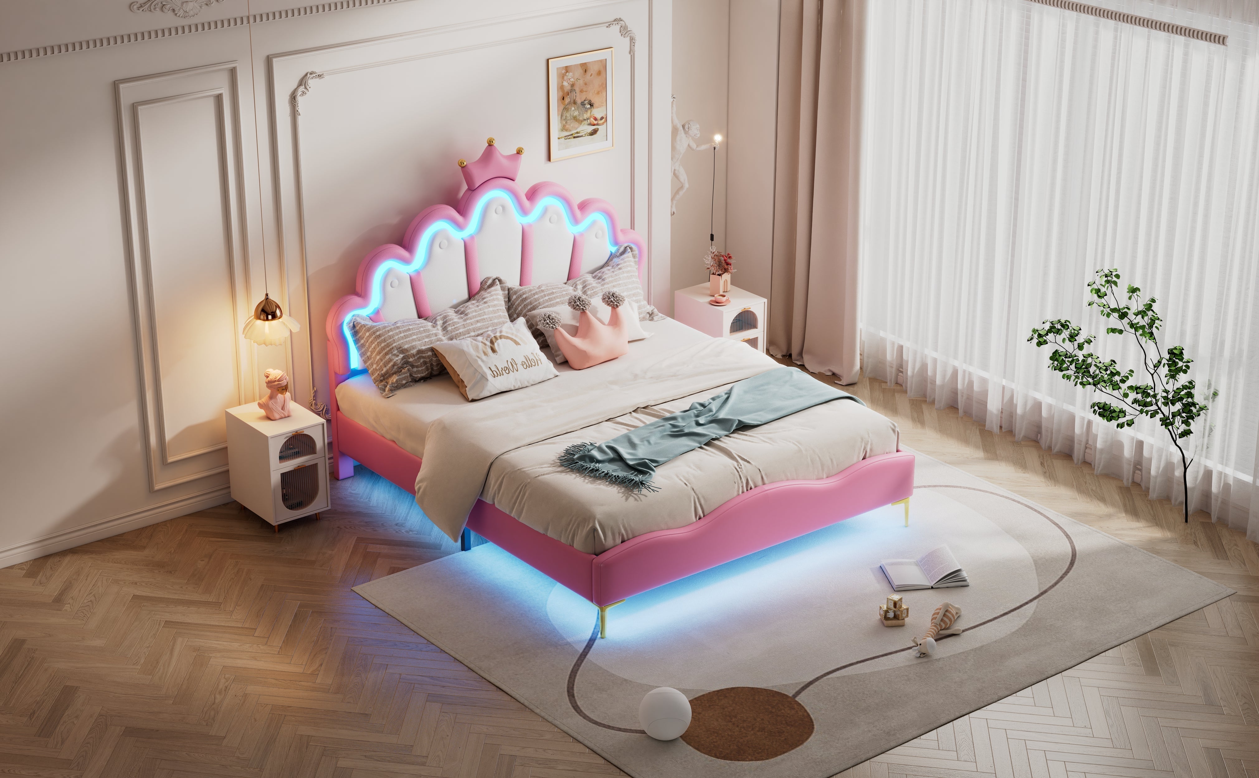 Logidon Princess bed 140x200 roze kroon hoofdeinde LED-verlichting