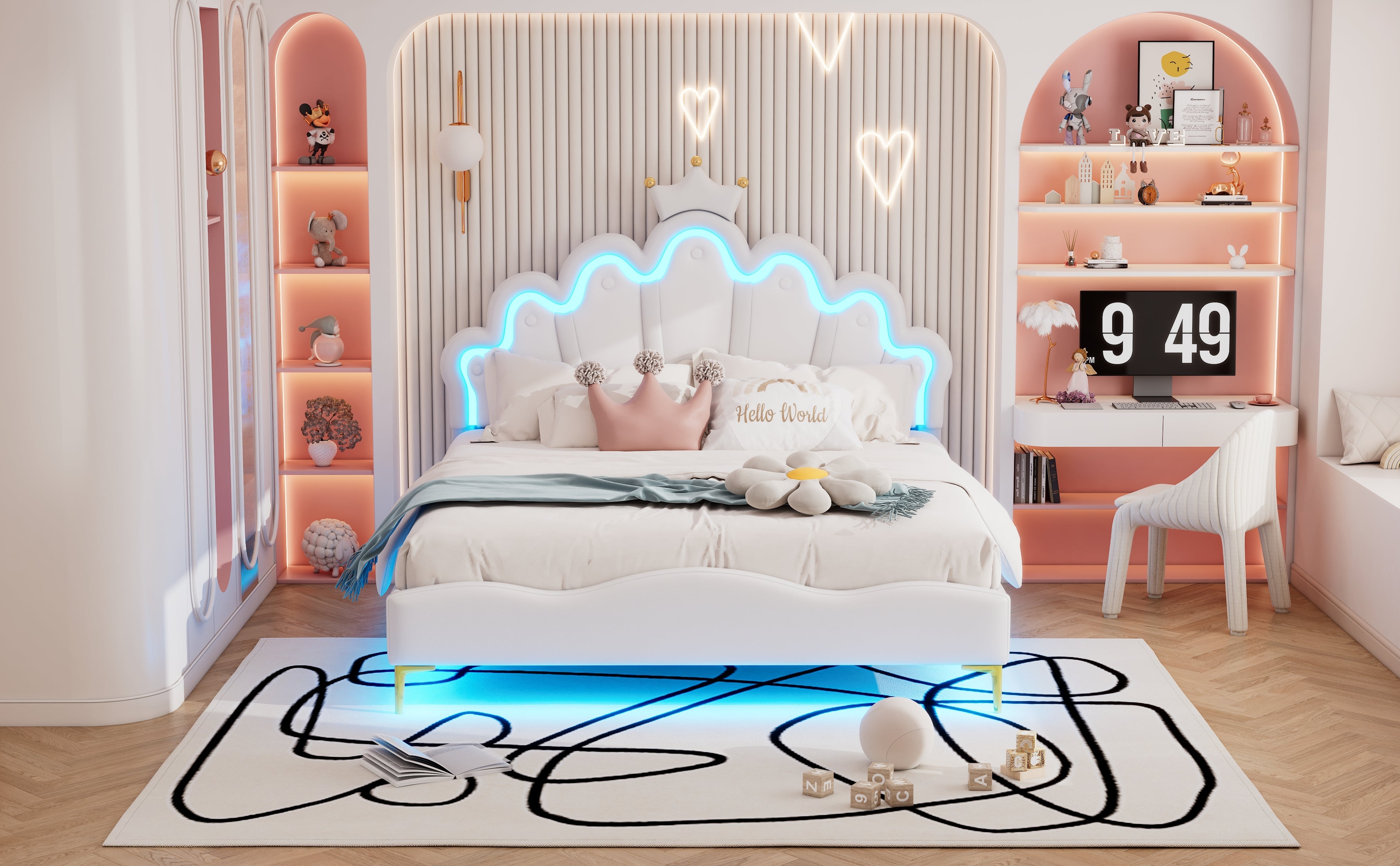 Logidon Kroonbed Prinsessenbed 140x200 cm Witte LED-lichtstrips