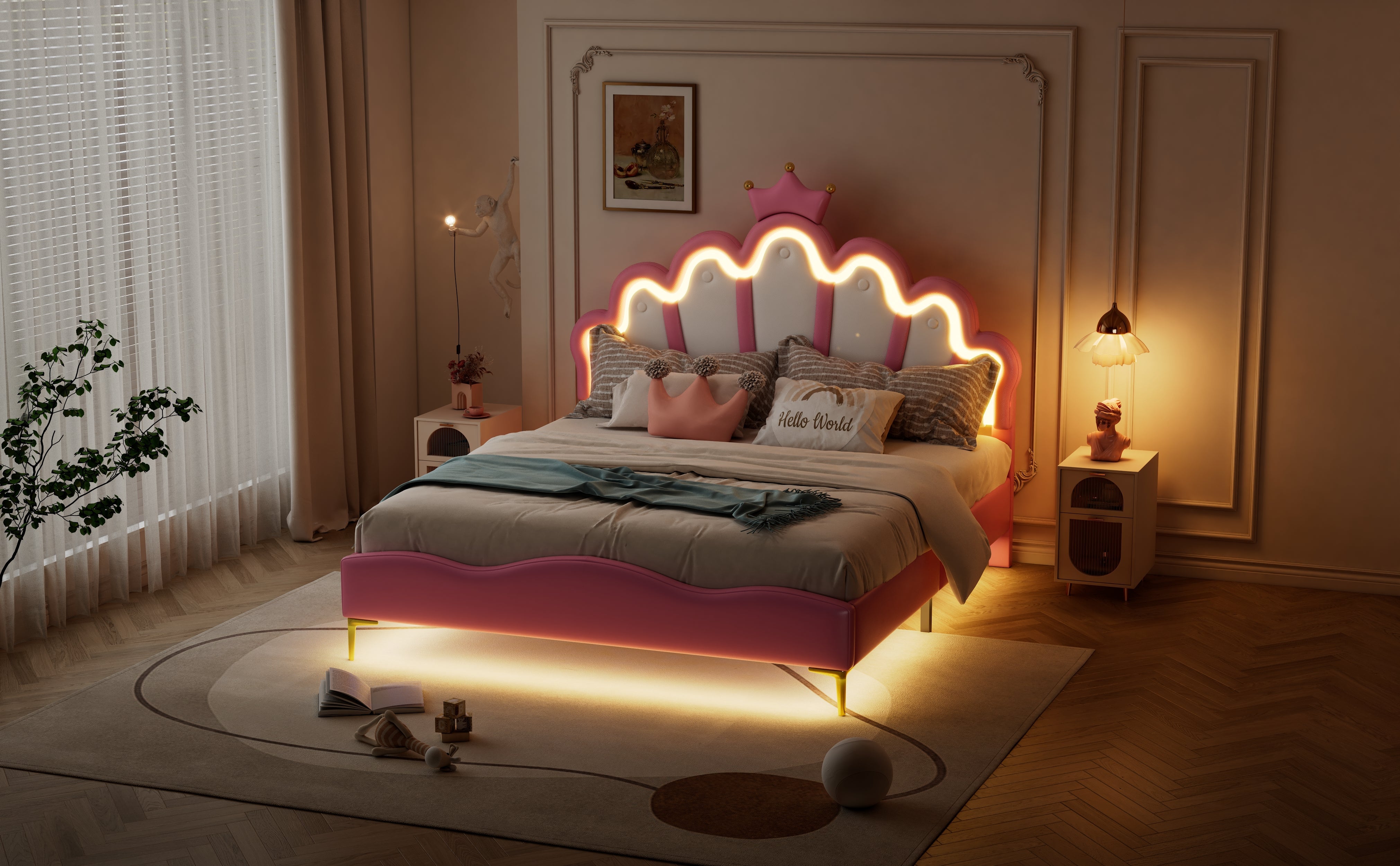 Logidon Princess bed 140x200 roze kroon hoofdeinde LED-verlichting