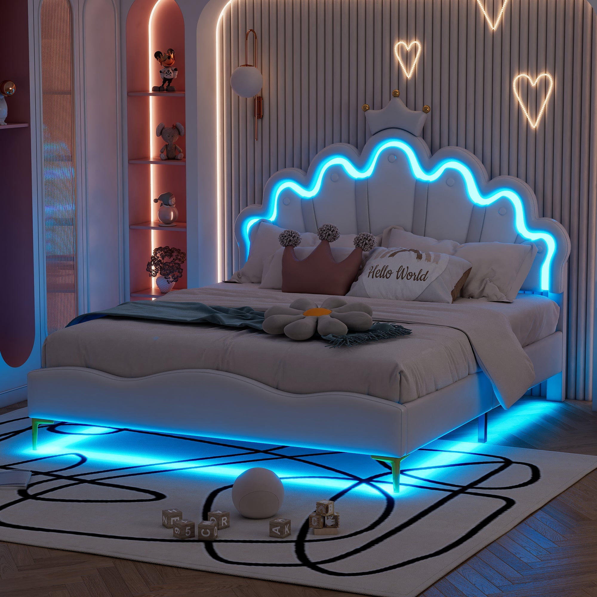 Logidon Kroonbed Prinsessenbed 140x200 cm Witte LED-lichtstrips