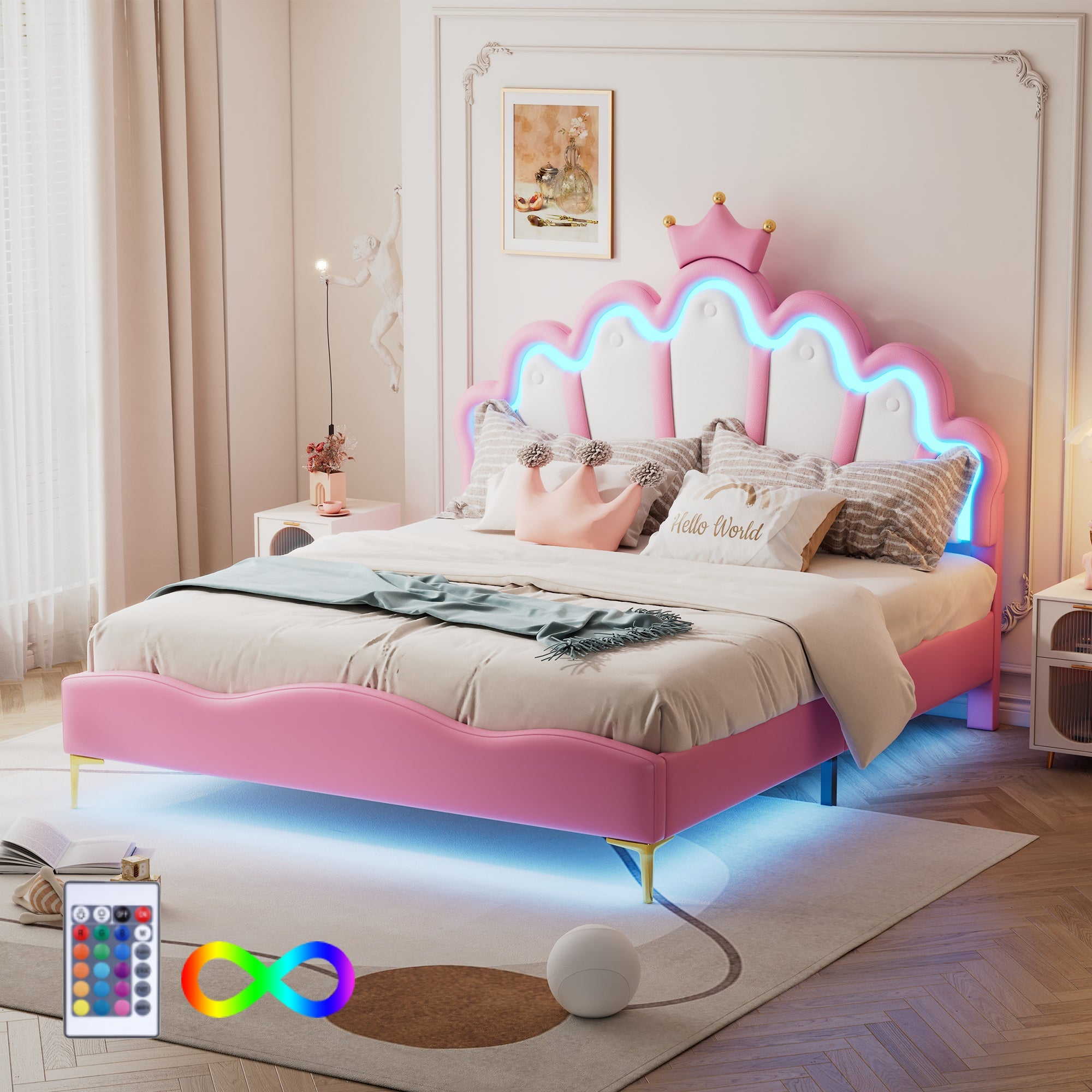 Logidon Princess bed 140x200 roze kroon hoofdeinde LED-verlichting