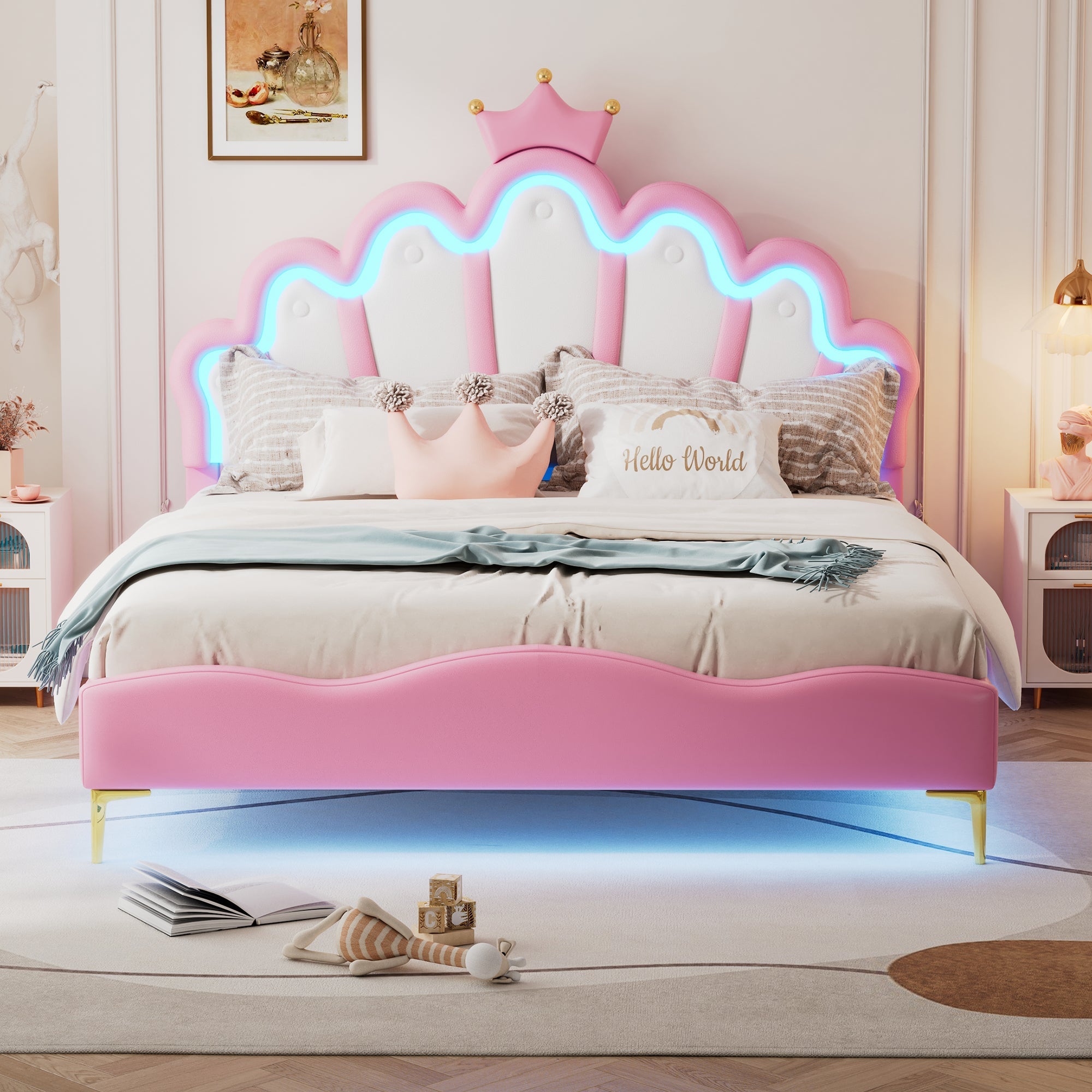 Logidon Princess bed 140x200 roze kroon hoofdeinde LED-verlichting
