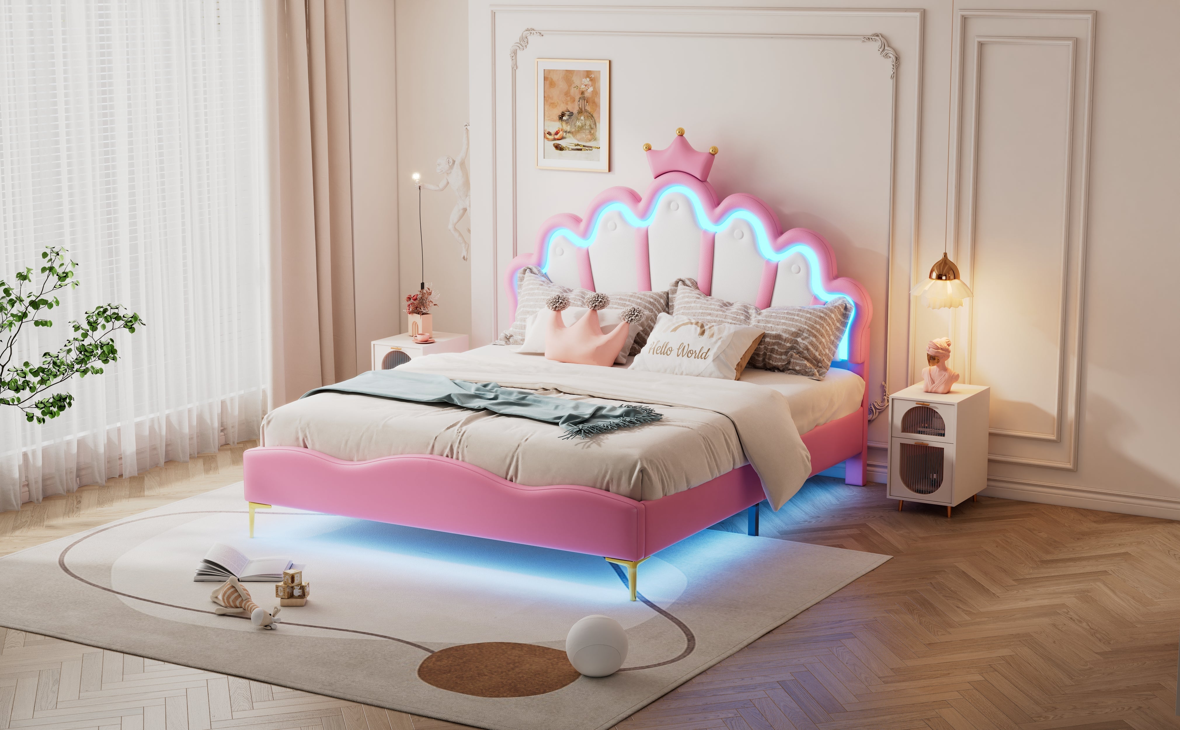 Logidon Princess bed 140x200 roze kroon hoofdeinde LED-verlichting