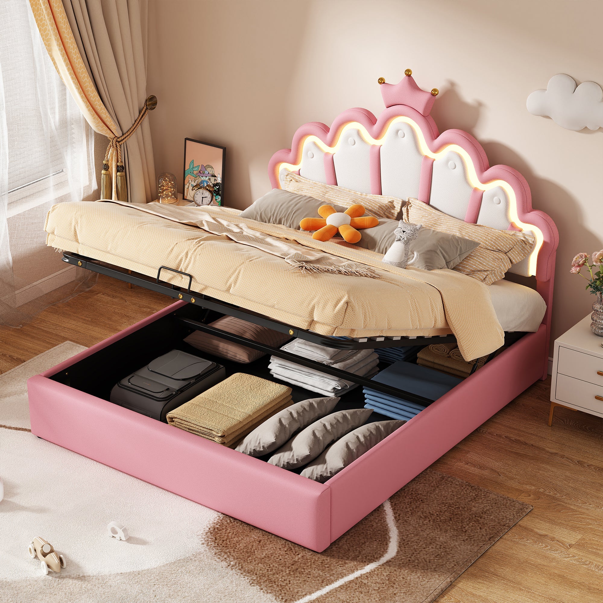 Logidon prinsessenbed 140x200 cm roze met verstelbare LED-verlichting
