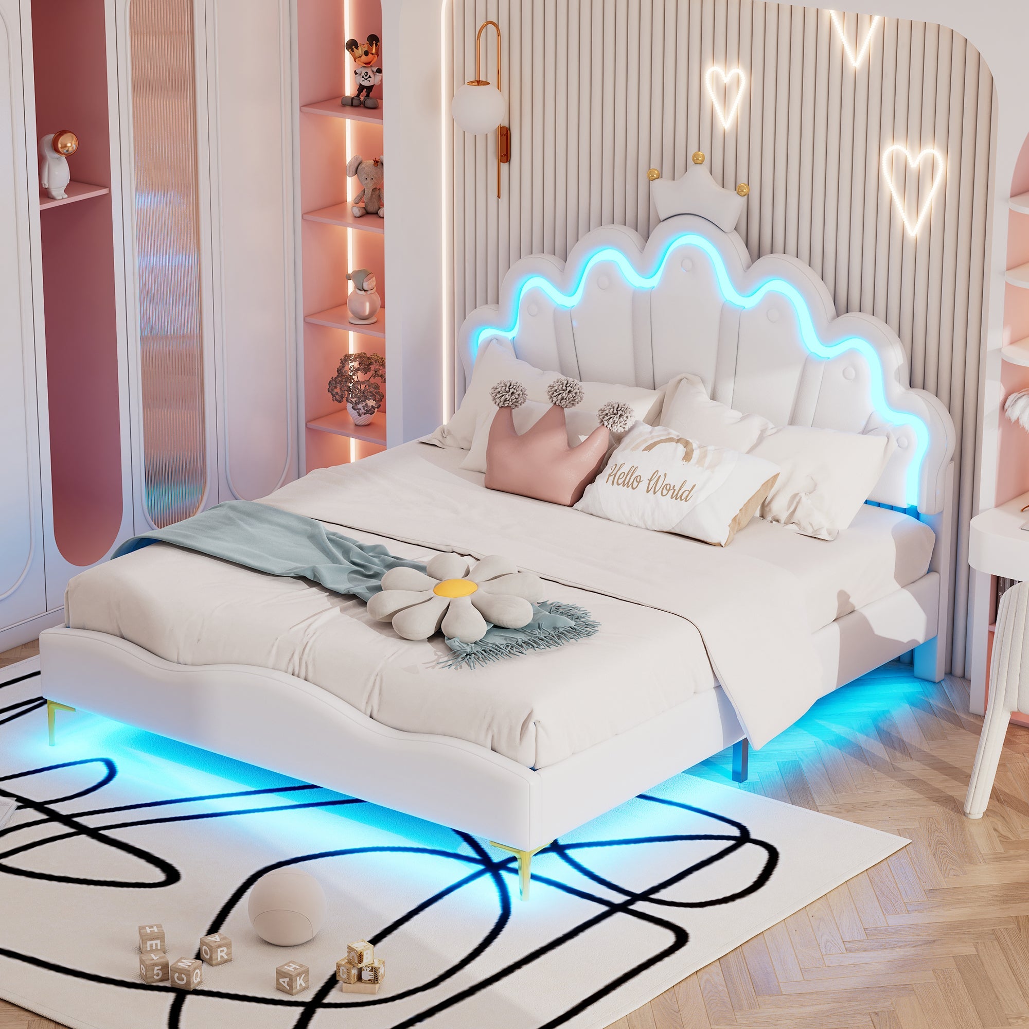 Logidon Kroonbed Prinsessenbed 140x200 cm Witte LED-lichtstrips