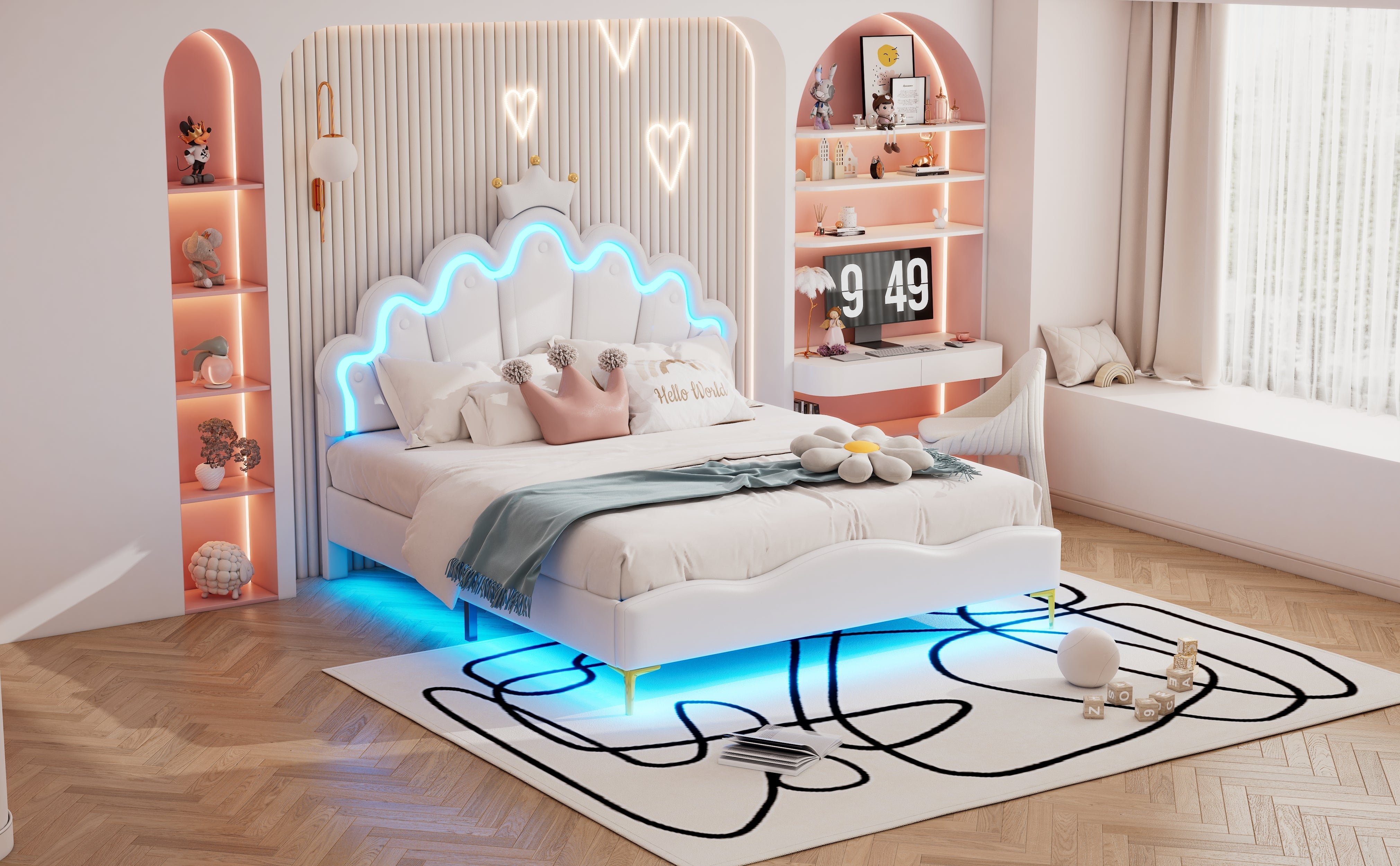 Logidon Kroonbed Prinsessenbed 140x200 cm Witte LED-lichtstrips