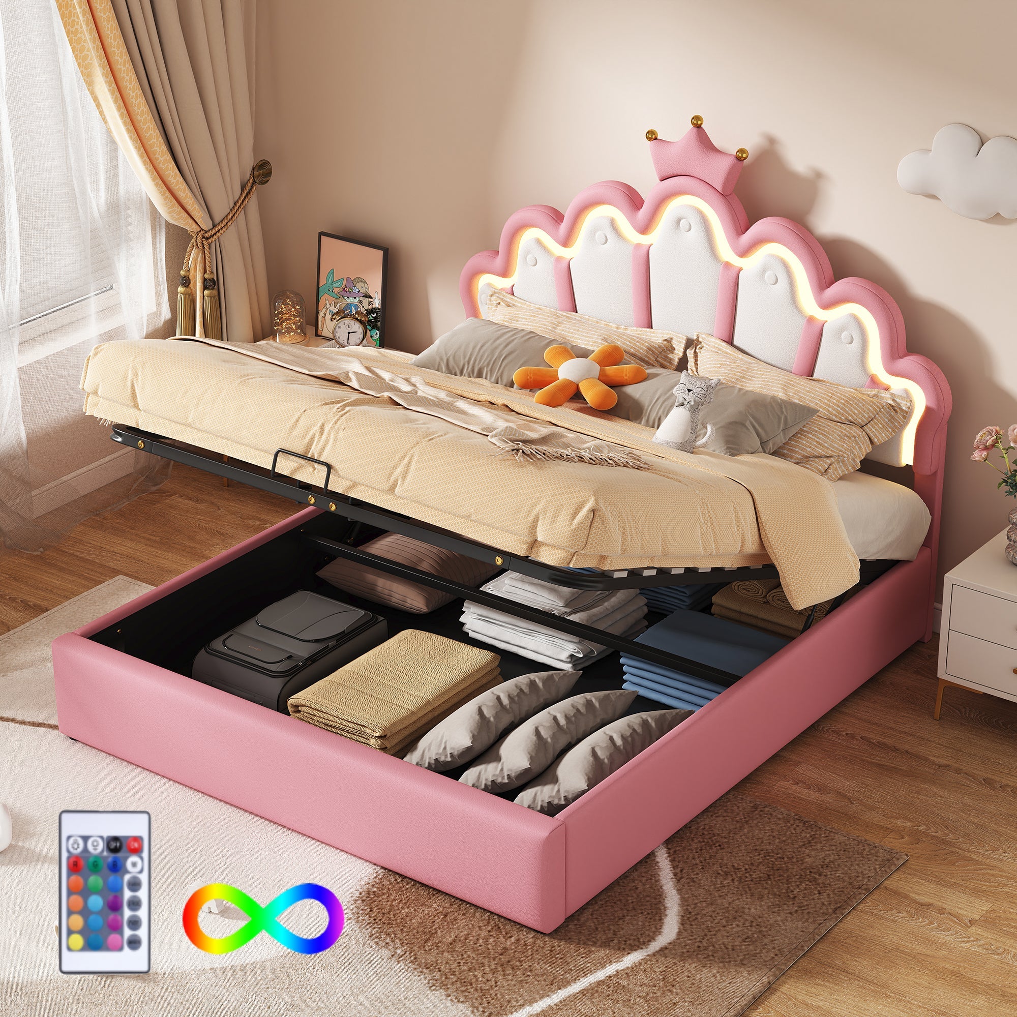 Logidon prinsessenbed 140x200 cm roze met verstelbare LED-verlichting