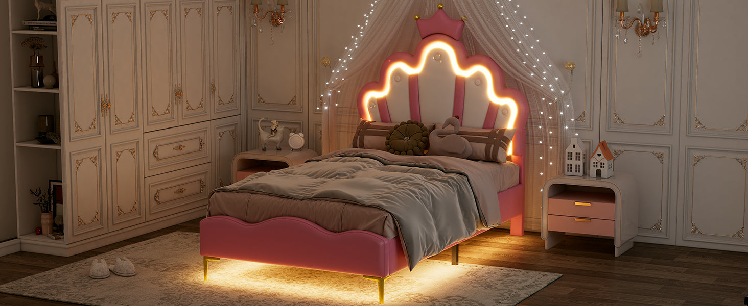 Logidon Crown Prince Bed 90x200 cm Roze met LED-lichtstrips