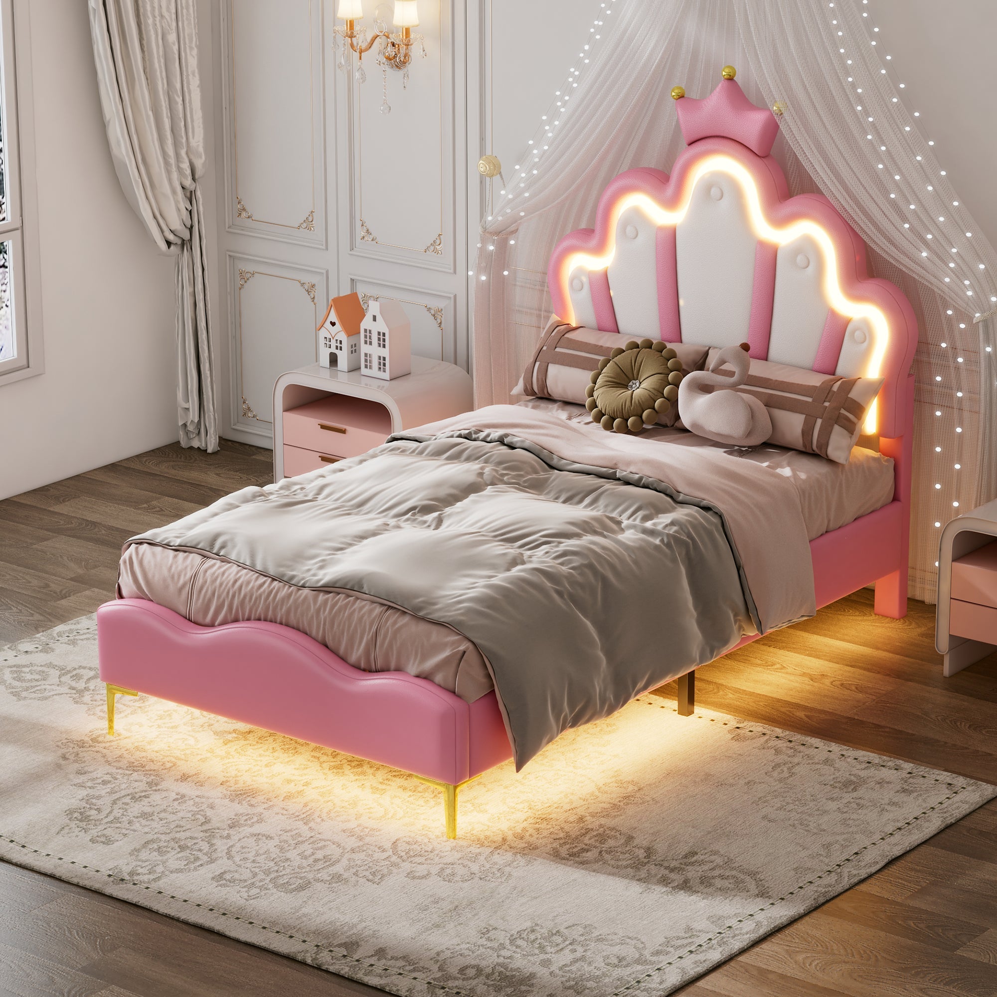 Logidon Crown Prince Bed 90x200 cm Roze met LED-lichtstrips