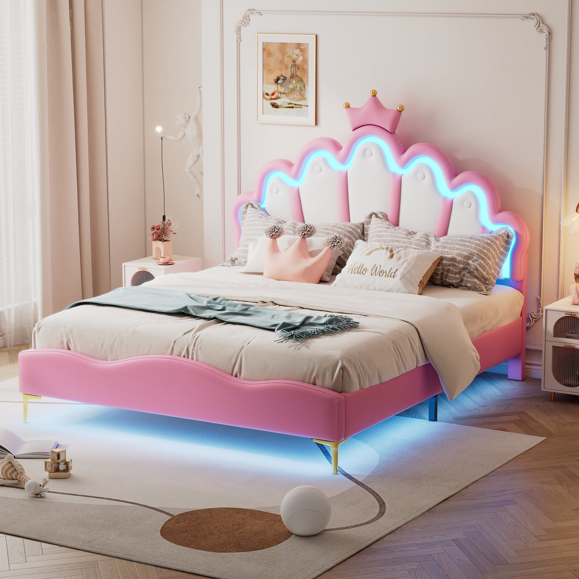 Logidon Princess bed 140x200 roze kroon hoofdeinde LED-verlichting